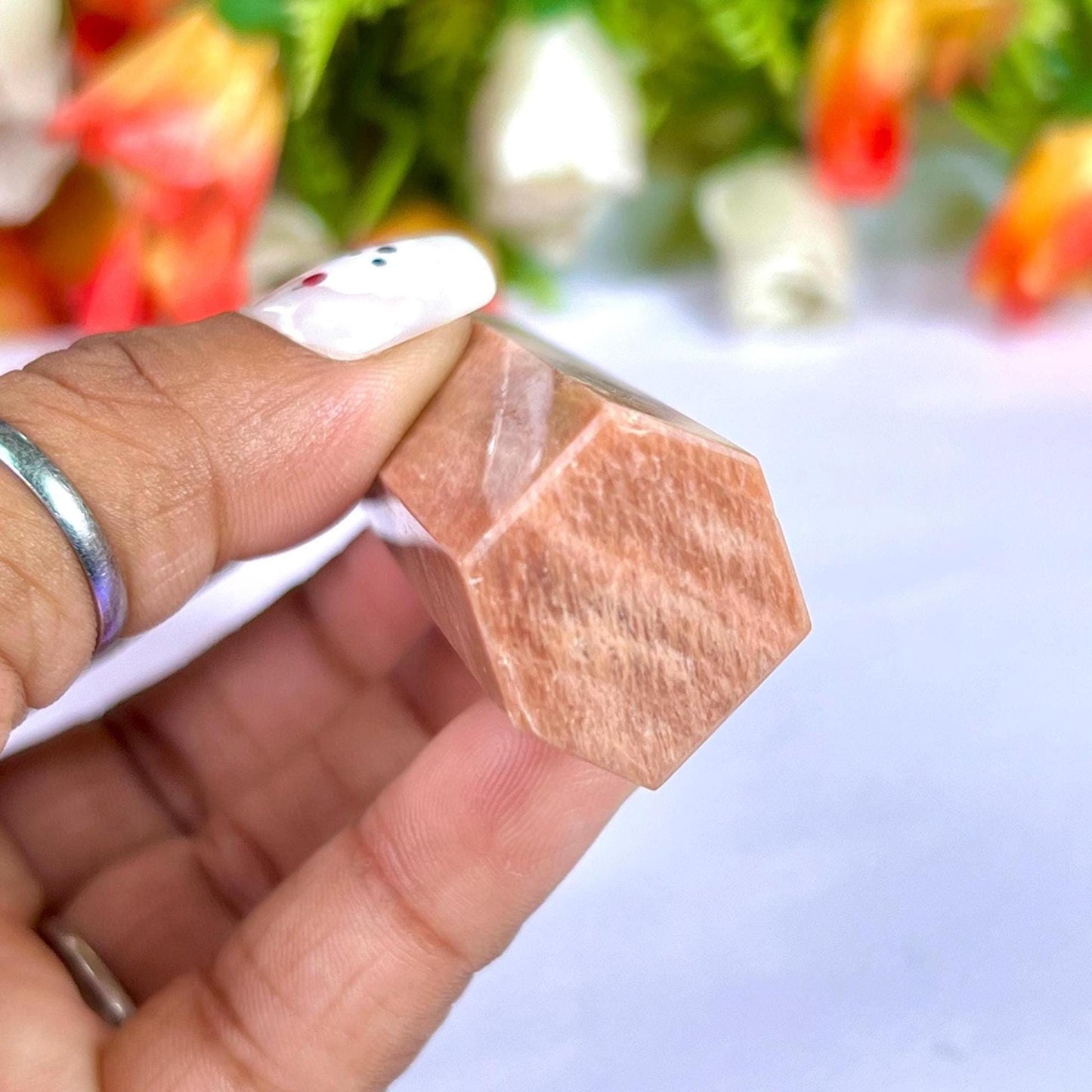 Peach Moonstone Tower Pencil Point Generator-Gemstone Pencil Crystal Tower Wand Stone Obelisk -Home Car Decor Decoration 3" To 4"