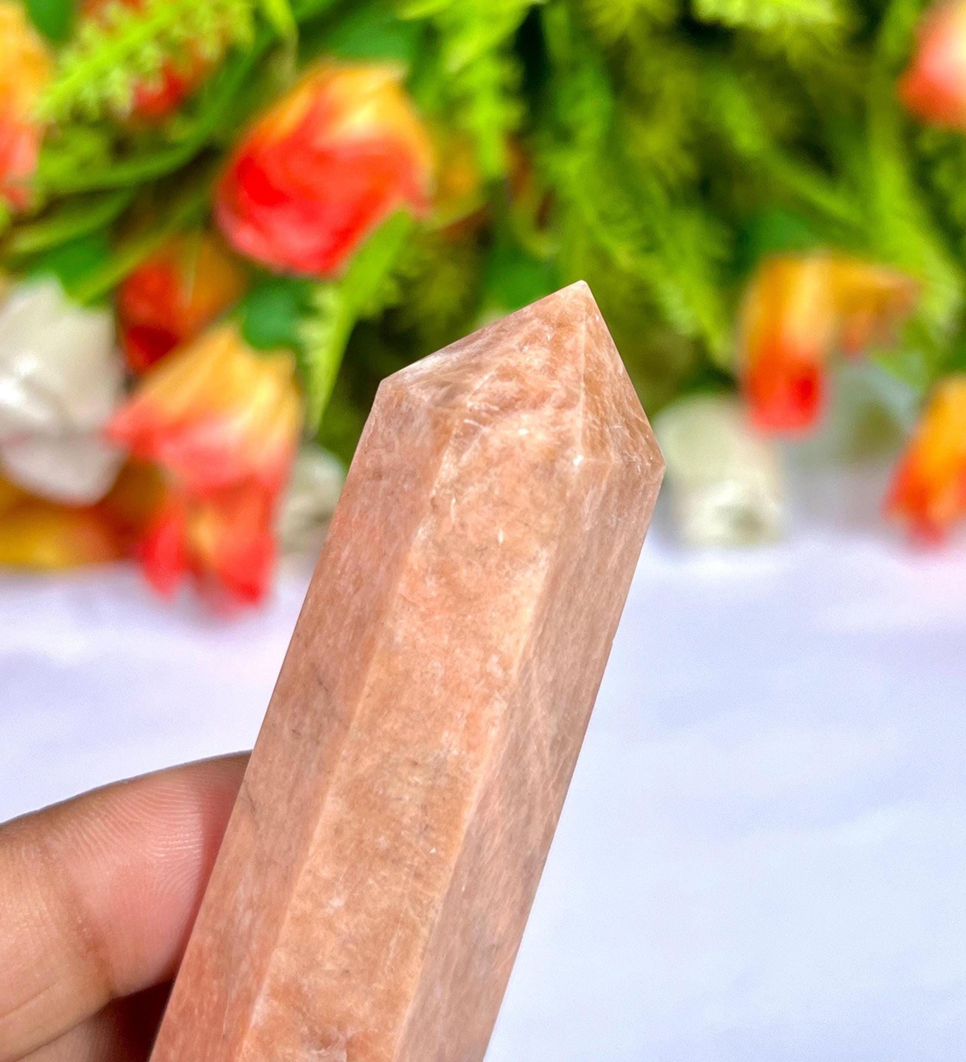 Peach Moonstone Tower Pencil Point Generator-Gemstone Pencil Crystal Tower Wand Stone Obelisk -Home Car Decor Decoration 3" To 4"