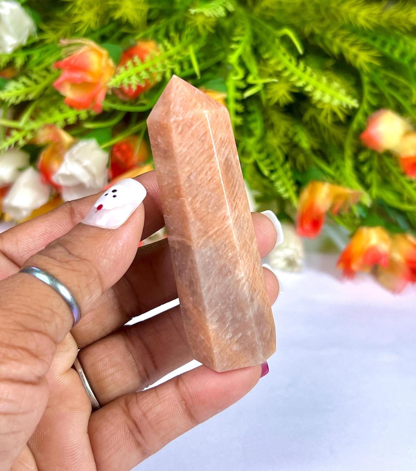 Peach Moonstone Tower Pencil Point Generator-Gemstone Pencil Crystal Tower Wand Stone Obelisk -Home Car Decor Decoration 3" To 4"