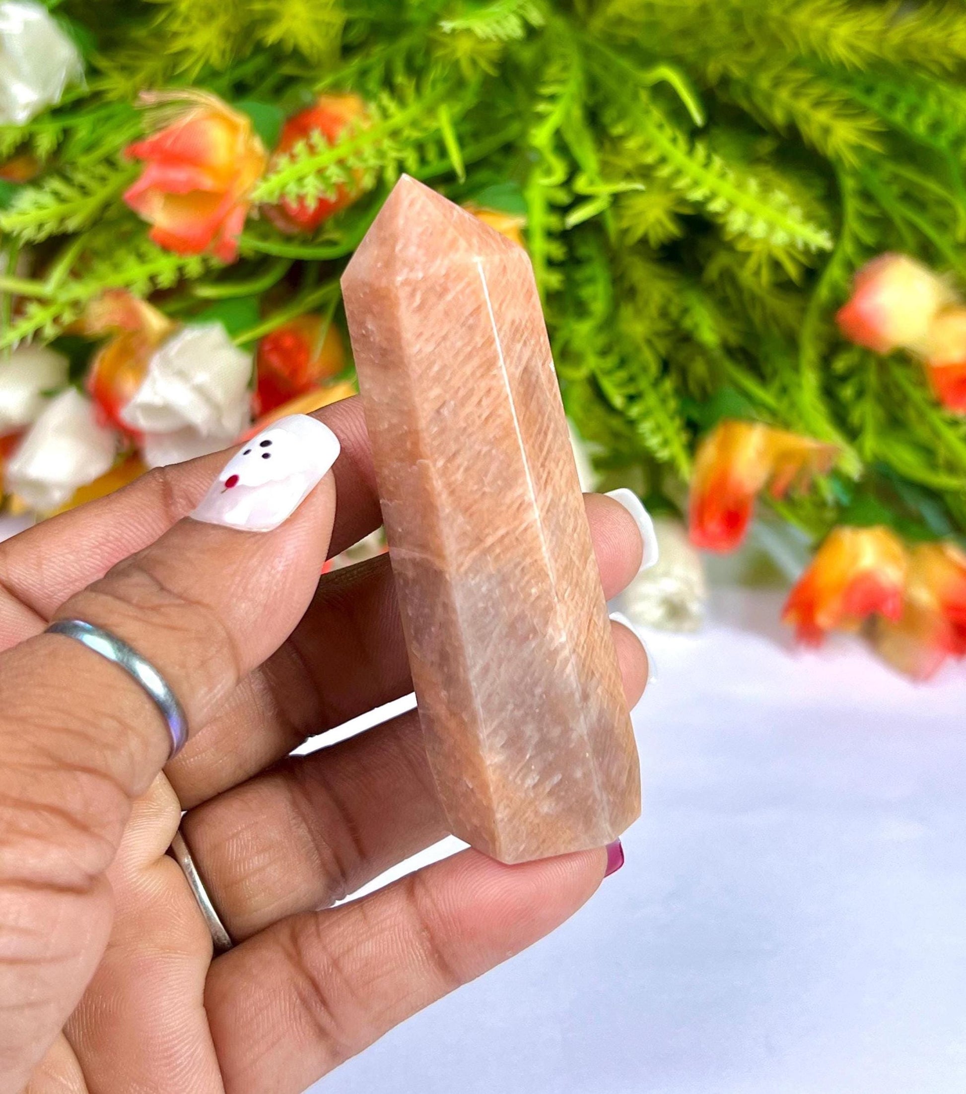 Peach Moonstone Tower Pencil Point Generator-Gemstone Pencil Crystal Tower Wand Stone Obelisk -Home Car Decor Decoration 3" To 4"