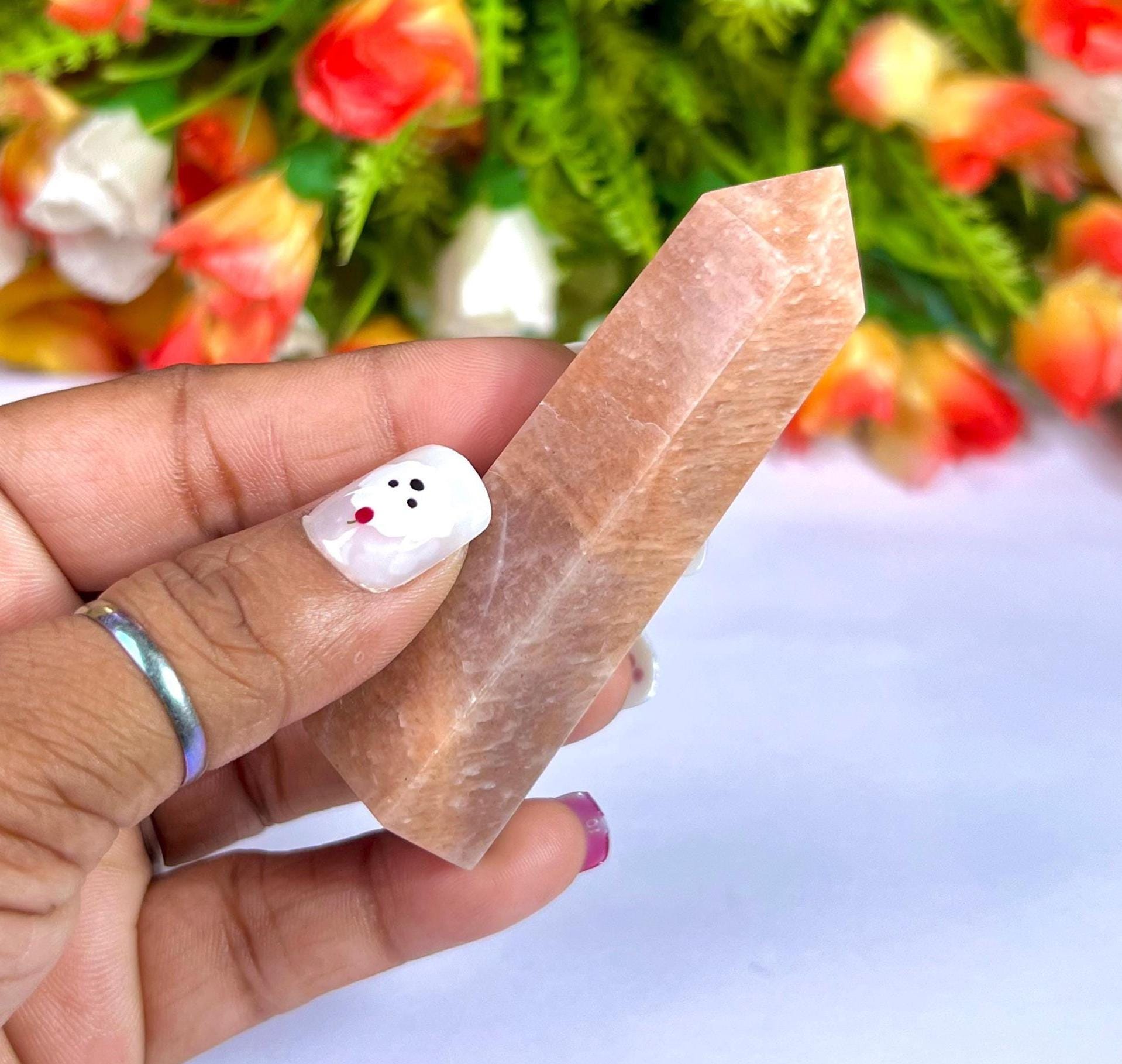Peach Moonstone Tower Pencil Point Generator-Gemstone Pencil Crystal Tower Wand Stone Obelisk -Home Car Decor Decoration 3" To 4"