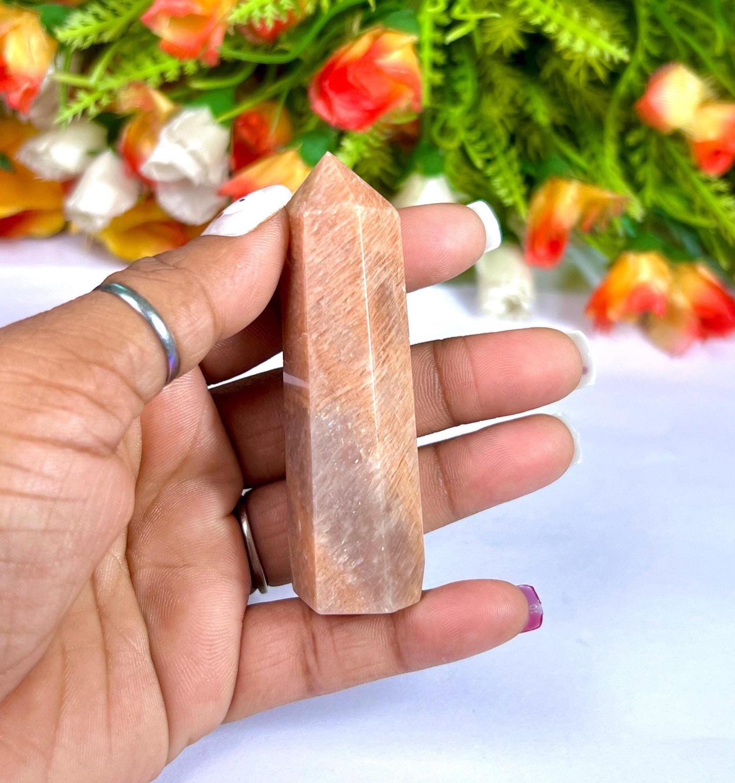 Peach Moonstone Tower Pencil Point Generator-Gemstone Pencil Crystal Tower Wand Stone Obelisk -Home Car Decor Decoration 3" To 4"