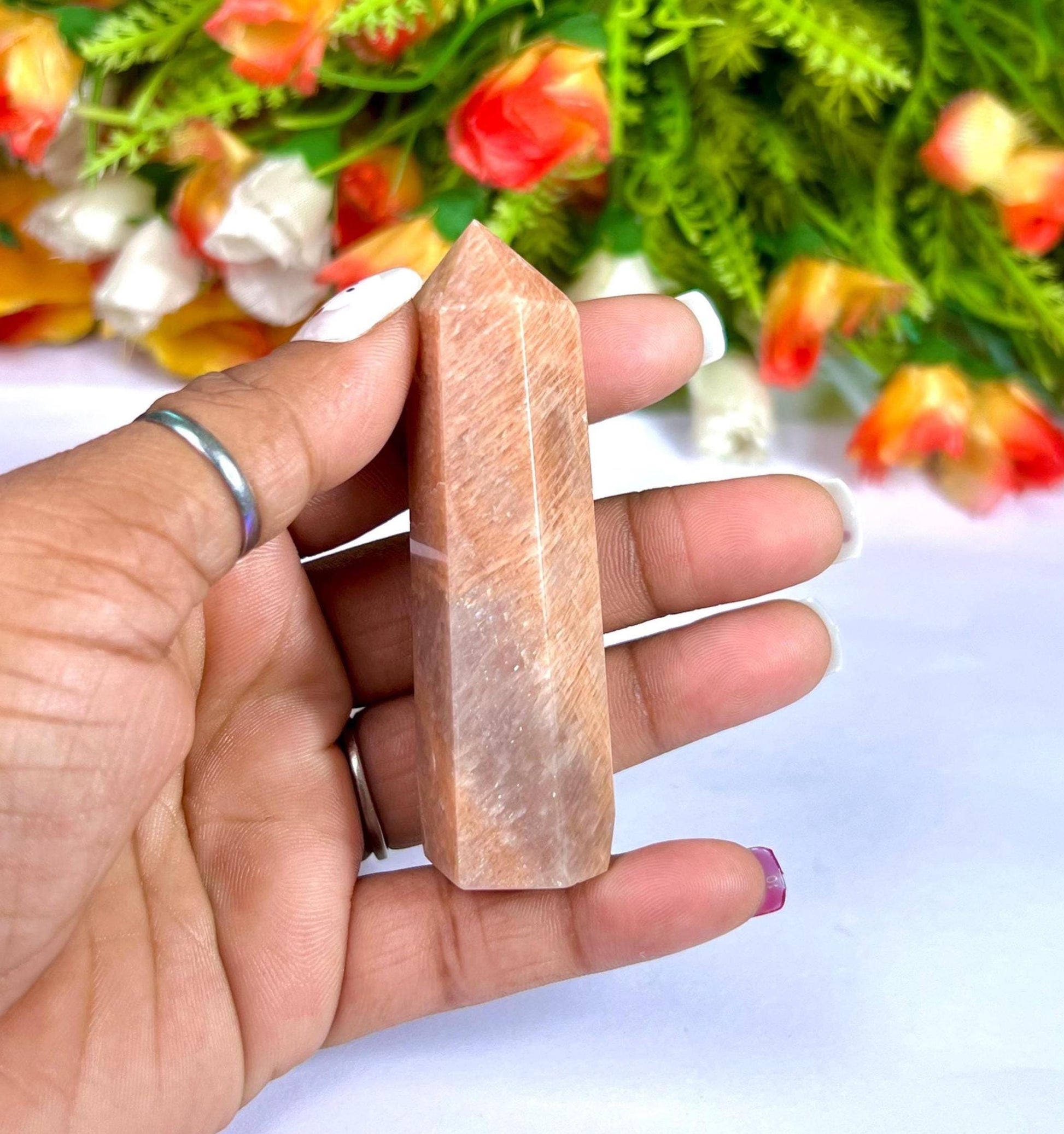 Peach Moonstone Tower Pencil Point Generator-Gemstone Pencil Crystal Tower Wand Stone Obelisk -Home Car Decor Decoration 3" To 4"