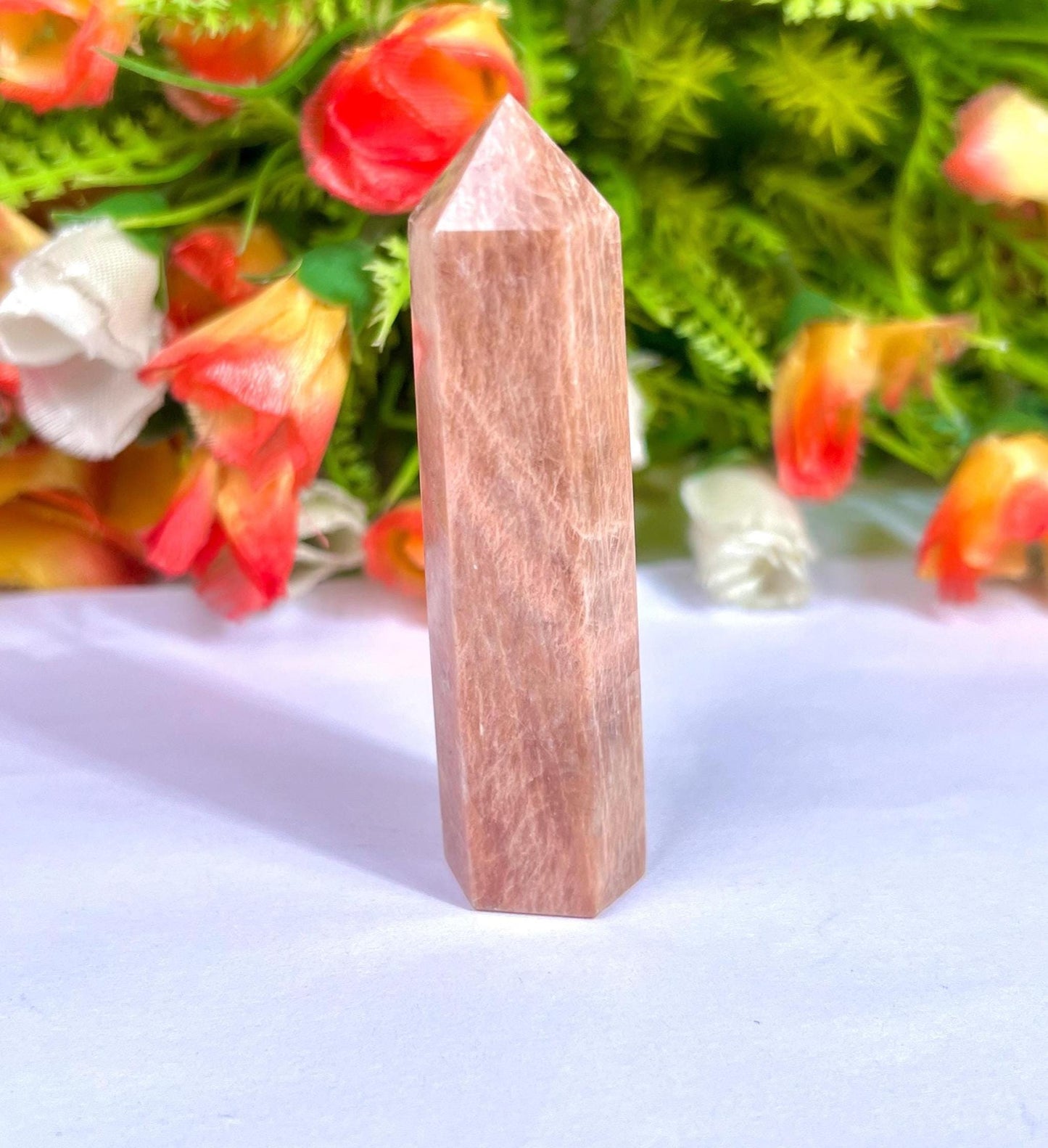 Peach Moonstone Tower Pencil Point Generator-Gemstone Pencil Crystal Tower Wand Stone Obelisk -Home Car Decor Decoration 3" To 4"