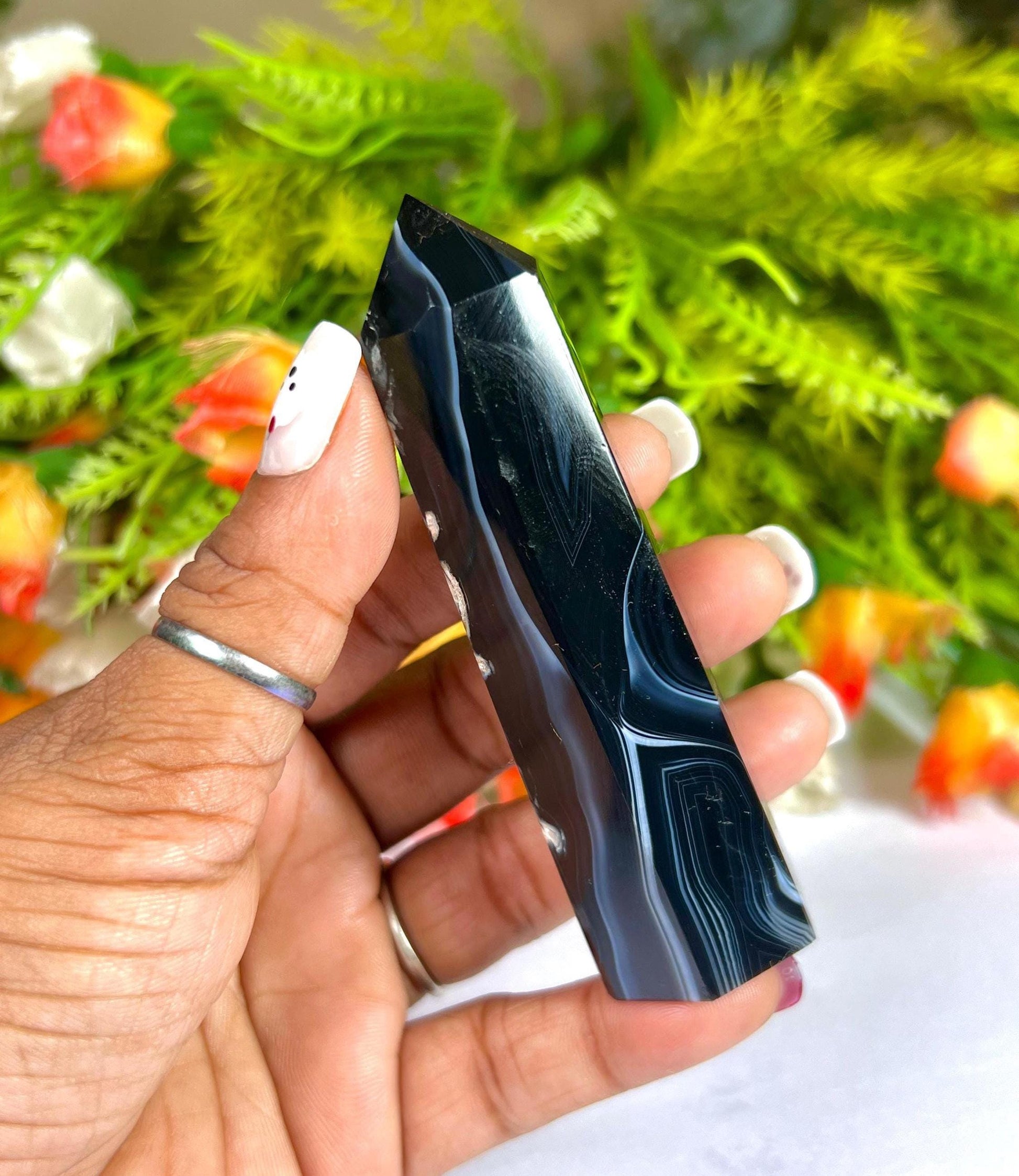 Black Sulemani Stone Tower Pencil Point Generator-Gemstone Pencil Crystal Tower Wand Stone Obelisk -Home Car Decor Decoration 3" To 4"