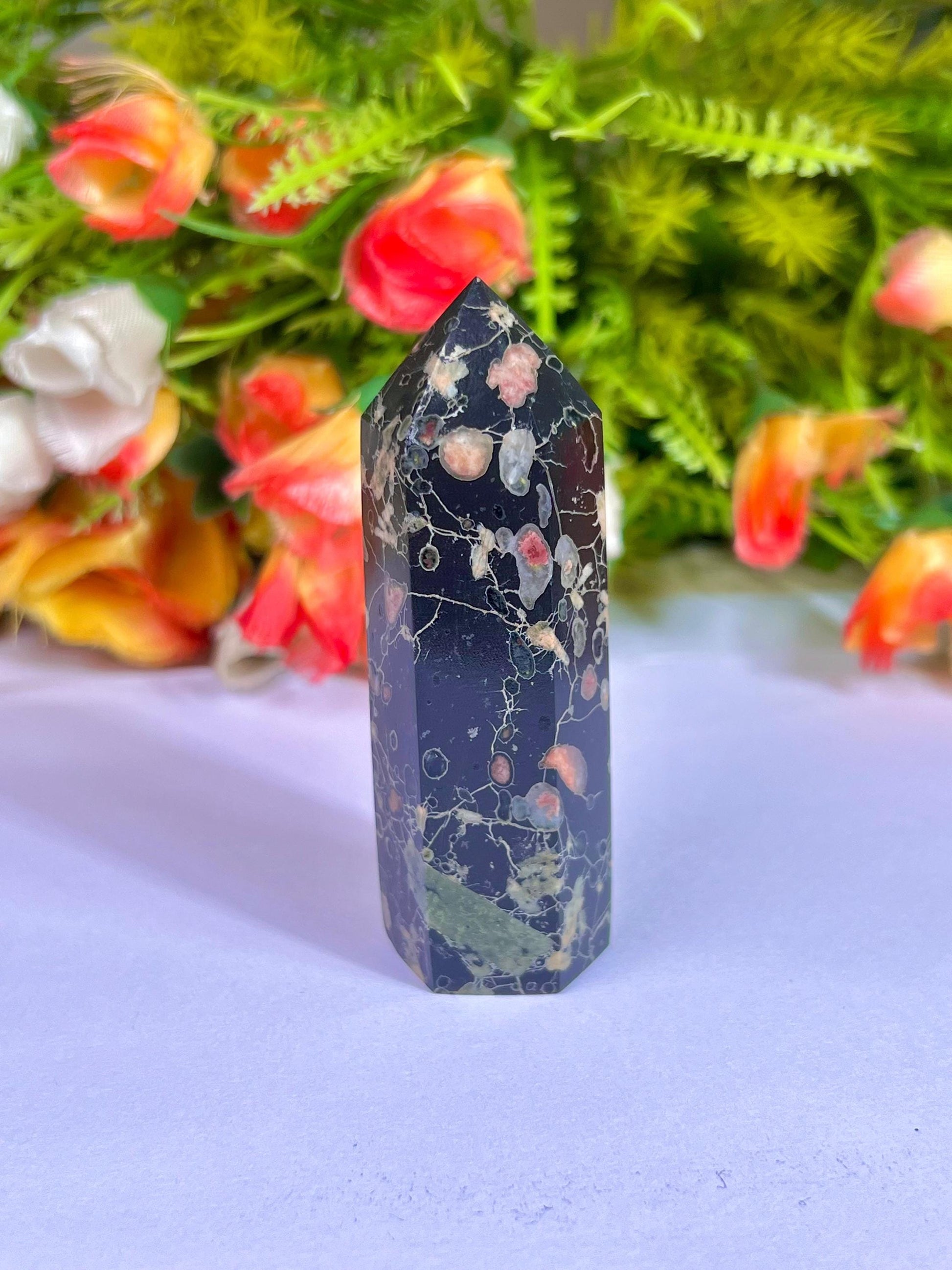 Plum Blossom Jasper Stone Tower Pencil Point Generator-Gemstone Pencil Crystal Tower Wand Stone Obelisk -Home Car Decor Decoration 3" To 4"