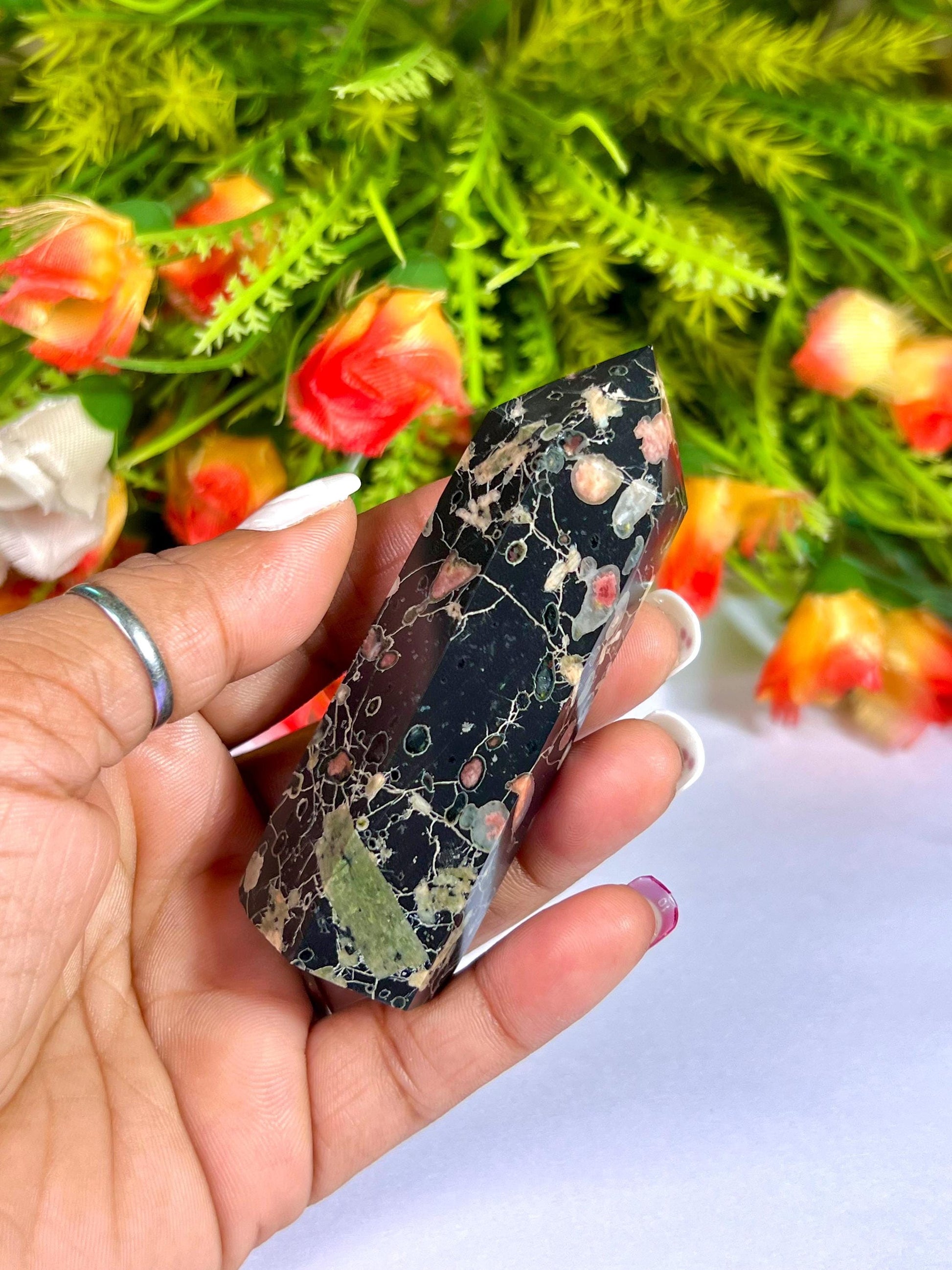 Plum Blossom Jasper Stone Tower Pencil Point Generator-Gemstone Pencil Crystal Tower Wand Stone Obelisk -Home Car Decor Decoration 3" To 4"