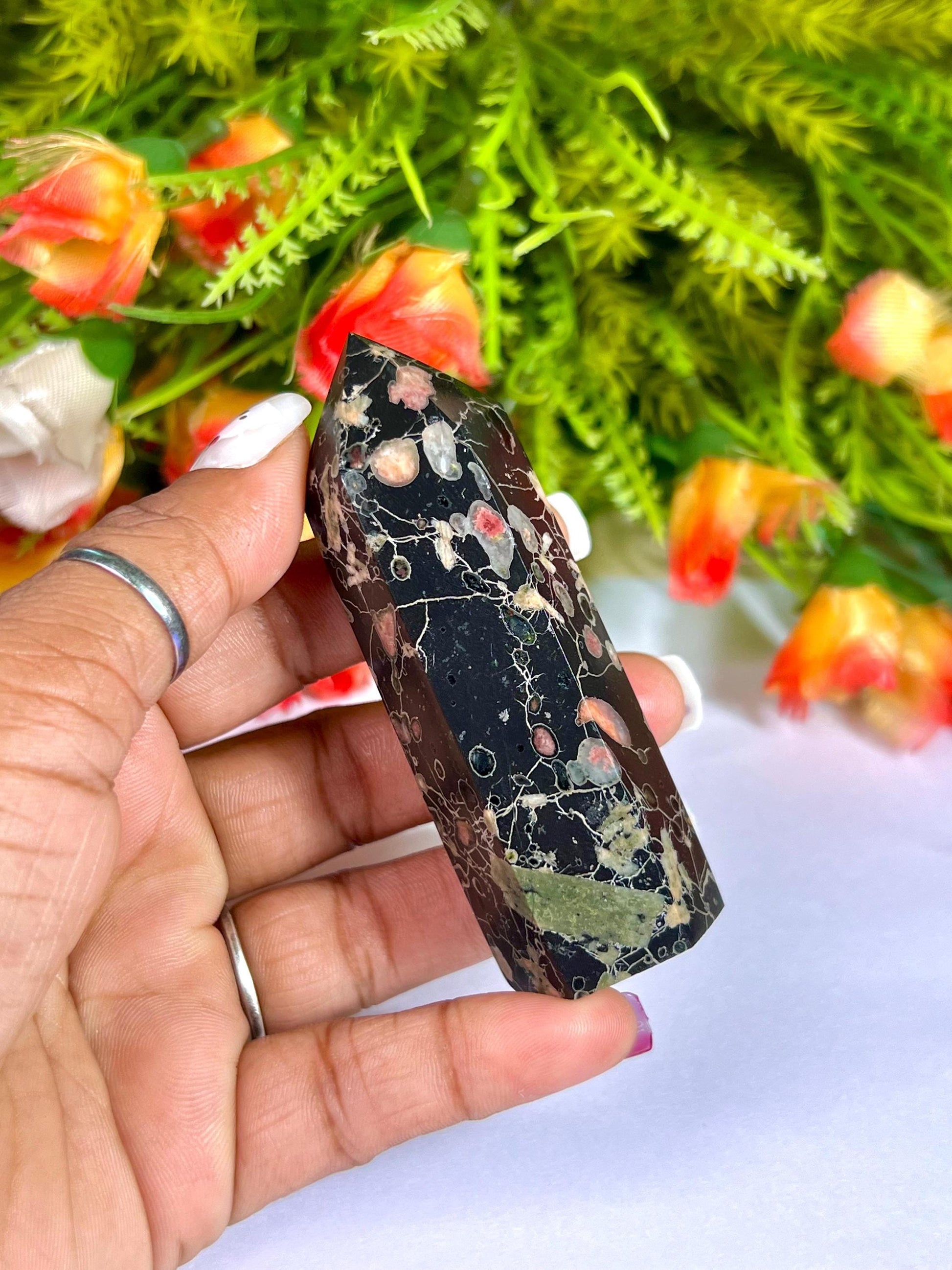 Plum Blossom Jasper Stone Tower Pencil Point Generator-Gemstone Pencil Crystal Tower Wand Stone Obelisk -Home Car Decor Decoration 3" To 4"
