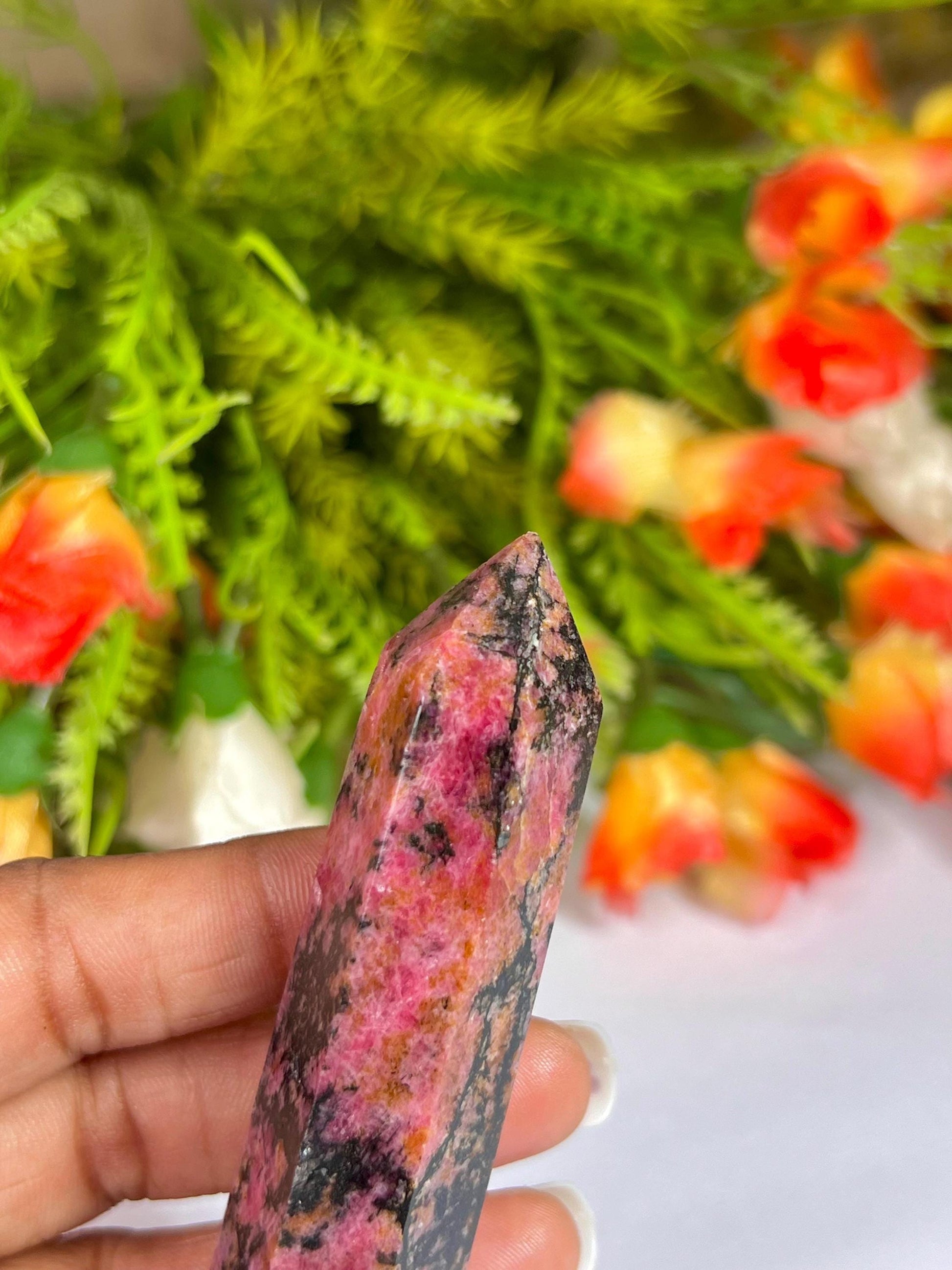 Rhodonite Stone Tower Pencil Point Generator-Gemstone Pencil Crystal Tower Wand Stone Obelisk -Home Car Decor Decoration 3" To 4"