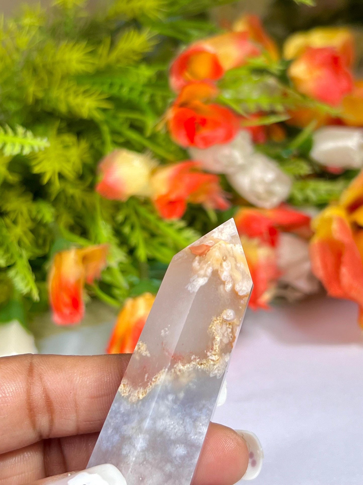 Pink Flower Agate Stone Tower Pencil Point Generator-Gemstone Pencil Crystal Tower Wand Stone Obelisk -Home Car Decor Decoration 3" To 4"
