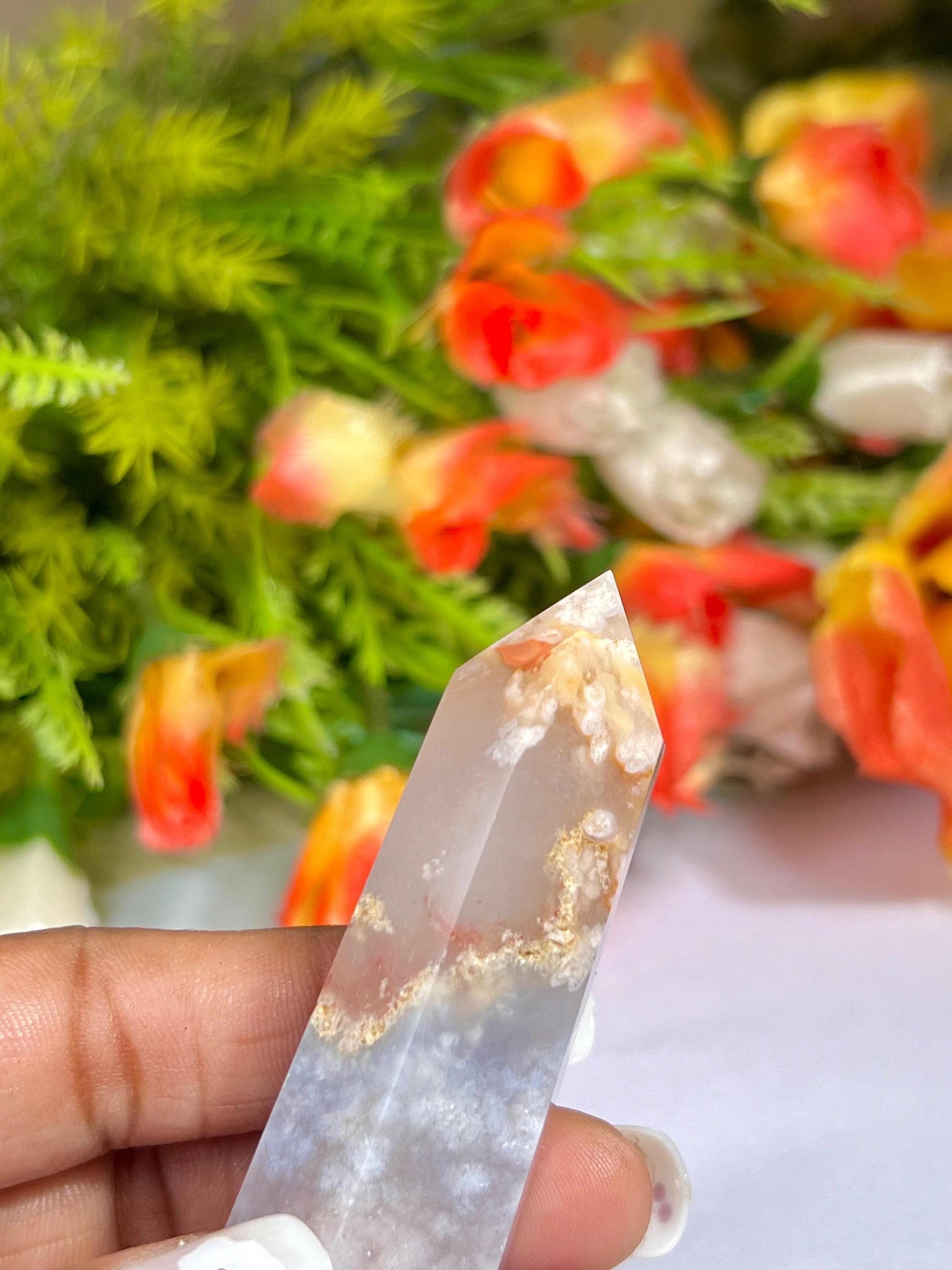 Pink Flower Agate Stone Tower Pencil Point Generator-Gemstone Pencil Crystal Tower Wand Stone Obelisk -Home Car Decor Decoration 3" To 4"