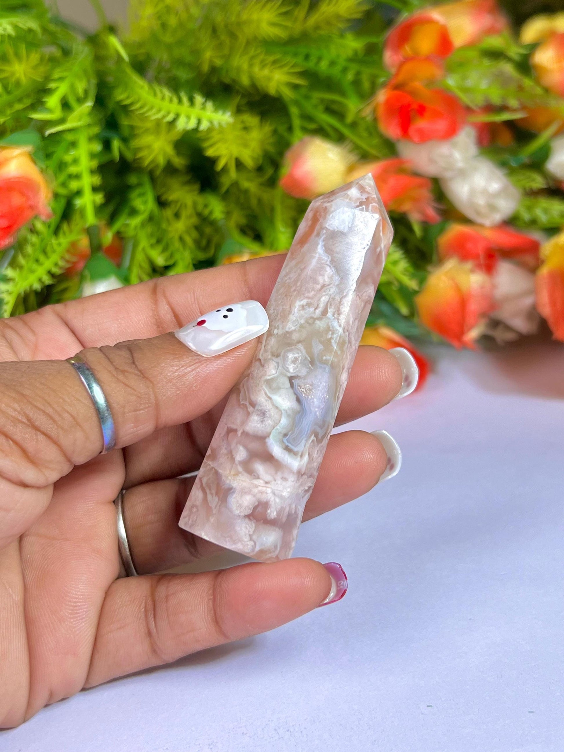 Pink Flower Agate Stone Tower Pencil Point Generator-Gemstone Pencil Crystal Tower Wand Stone Obelisk -Home Car Decor Decoration 3" To 4"