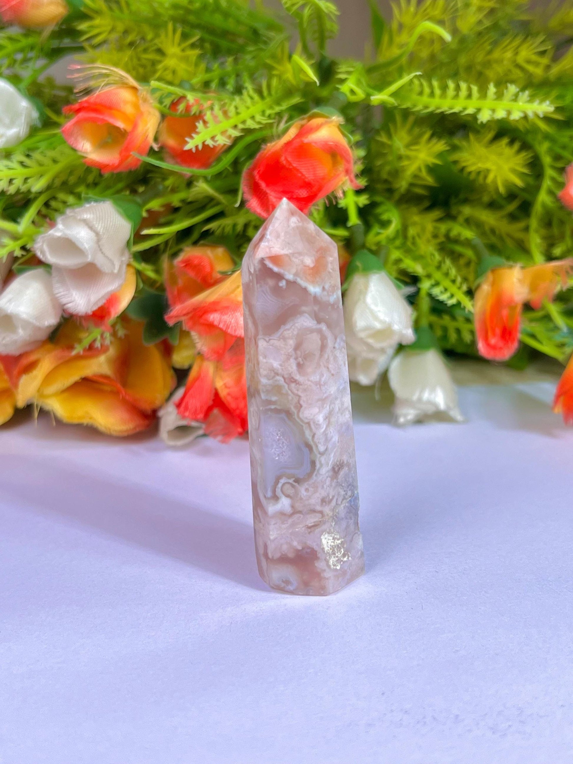 Pink Flower Agate Stone Tower Pencil Point Generator-Gemstone Pencil Crystal Tower Wand Stone Obelisk -Home Car Decor Decoration 3" To 4"