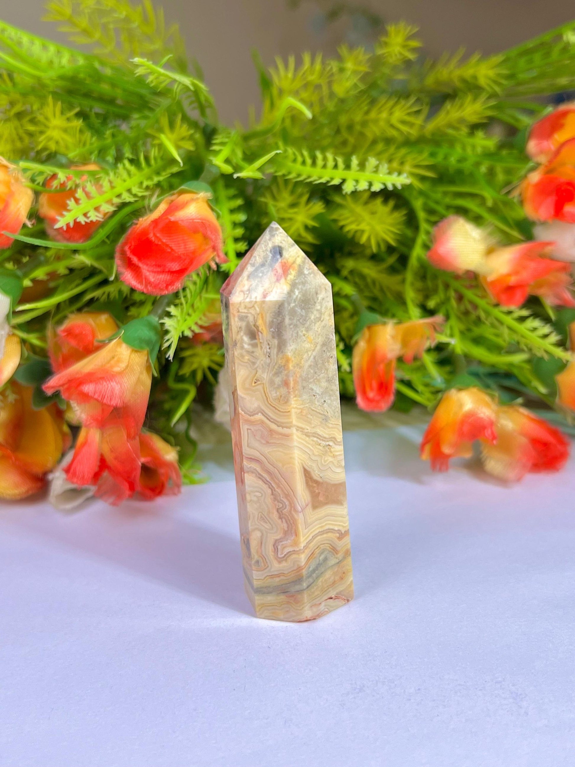 Crazy Lace Agate Stone Tower Pencil Point Generator-Gemstone Pencil Crystal Tower Wand Stone Obelisk -Home Car Decor Decoration 3" To 4"