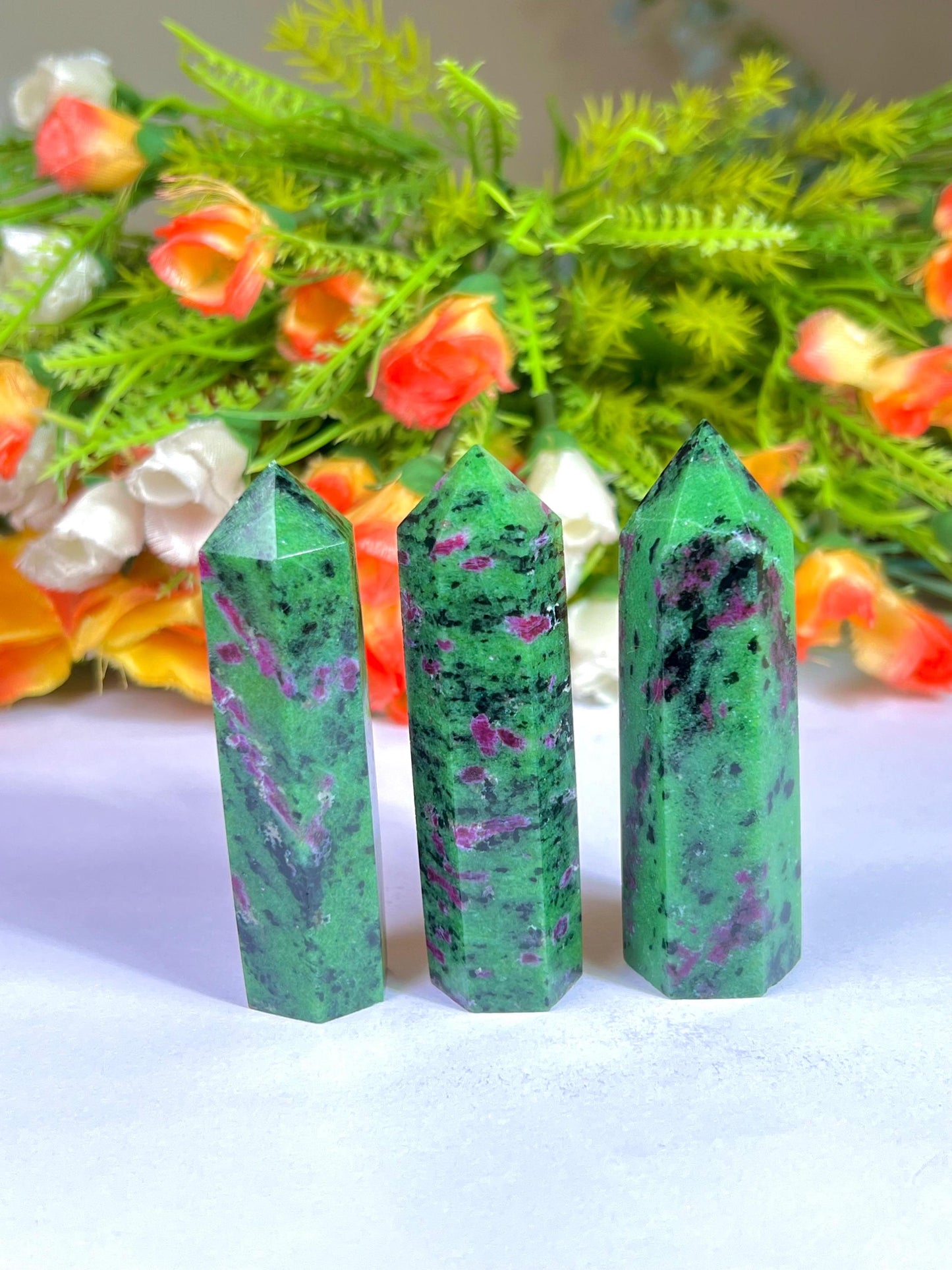 African Ruby Zoisite Stone Tower Pencil Point Generator-Gemstone Pencil Crystal Tower Wand Stone Obelisk -Home Car Decor Decoration 3" To 4"