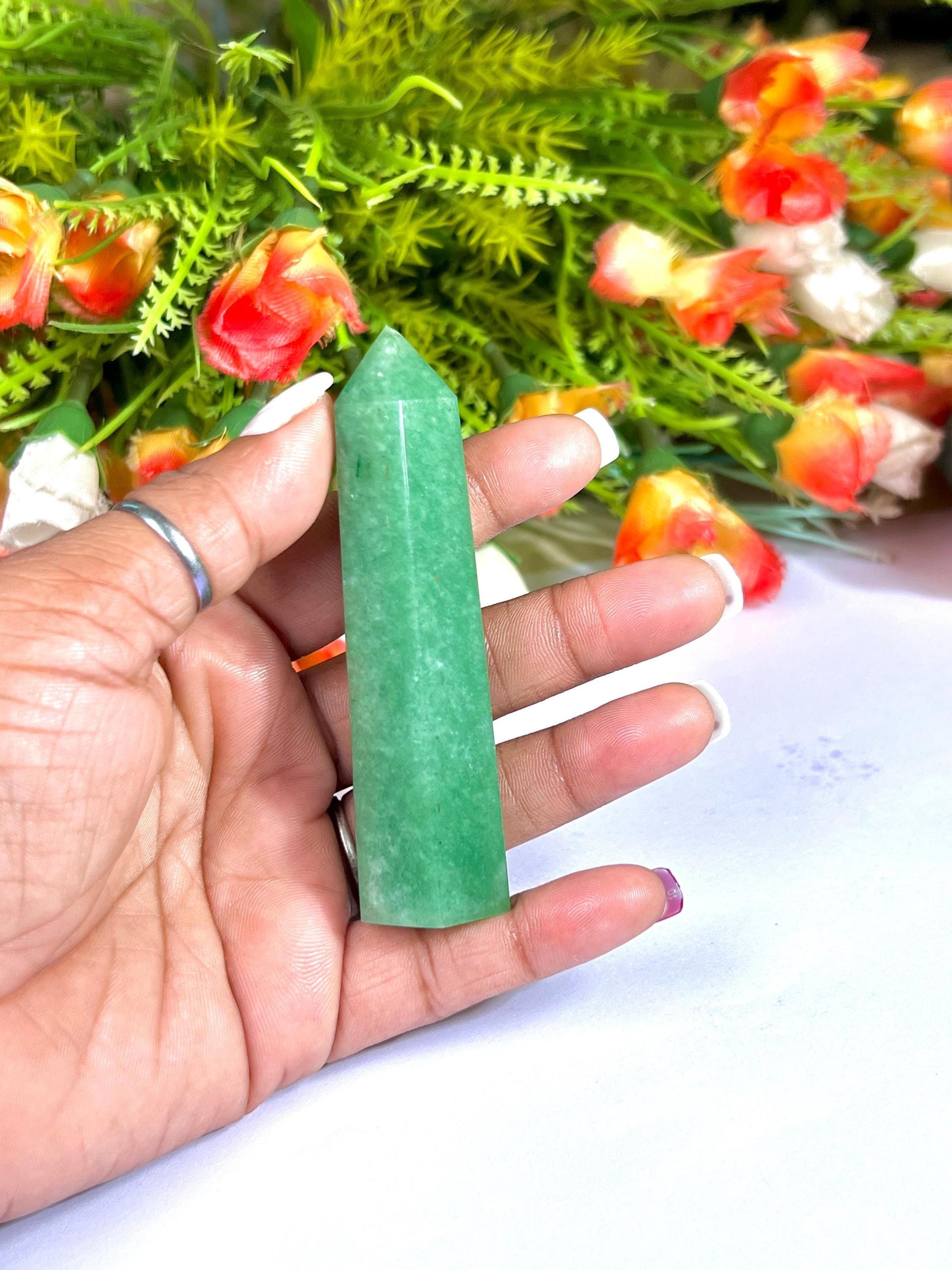 Green Aventurine Stone Tower Pencil Point Generator-Gemstone Pencil Crystal Tower Wand Stone Obelisk -Home Car Decor Decoration 3" To 4"