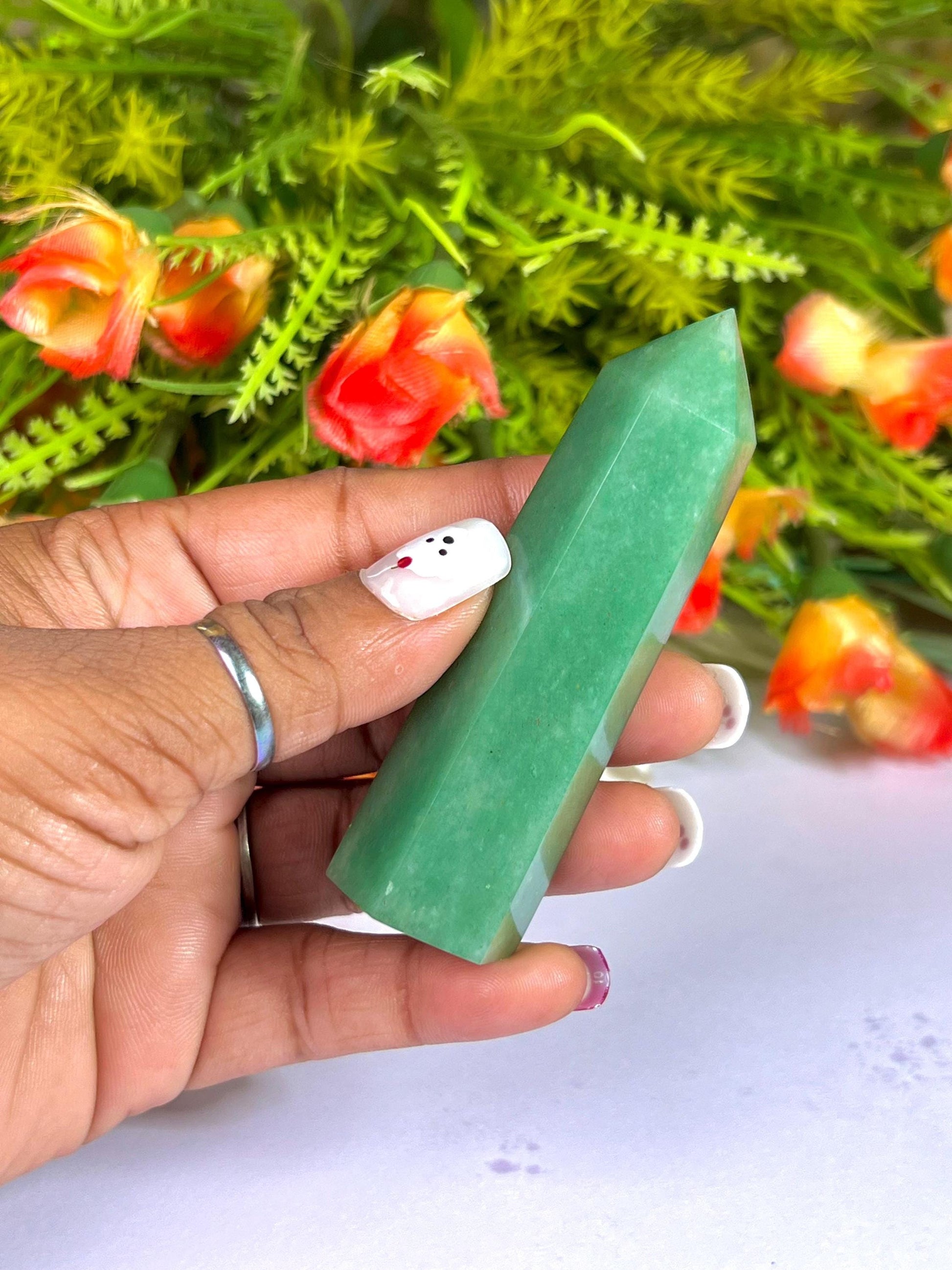 Green Aventurine Stone Tower Pencil Point Generator-Gemstone Pencil Crystal Tower Wand Stone Obelisk -Home Car Decor Decoration 3" To 4"