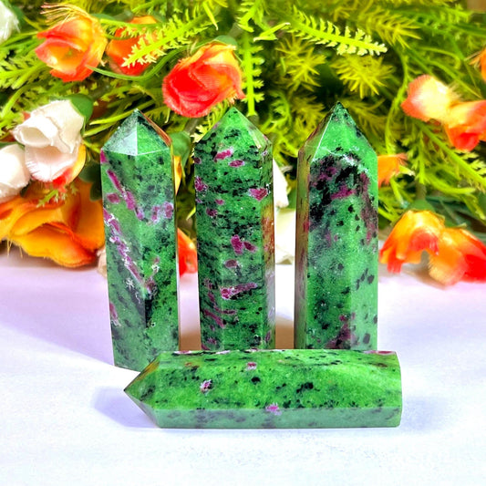 African Ruby Zoisite Stone Tower Pencil Point Generator-Gemstone Pencil Crystal Tower Wand Stone Obelisk -Home Car Decor Decoration 3" To 4"