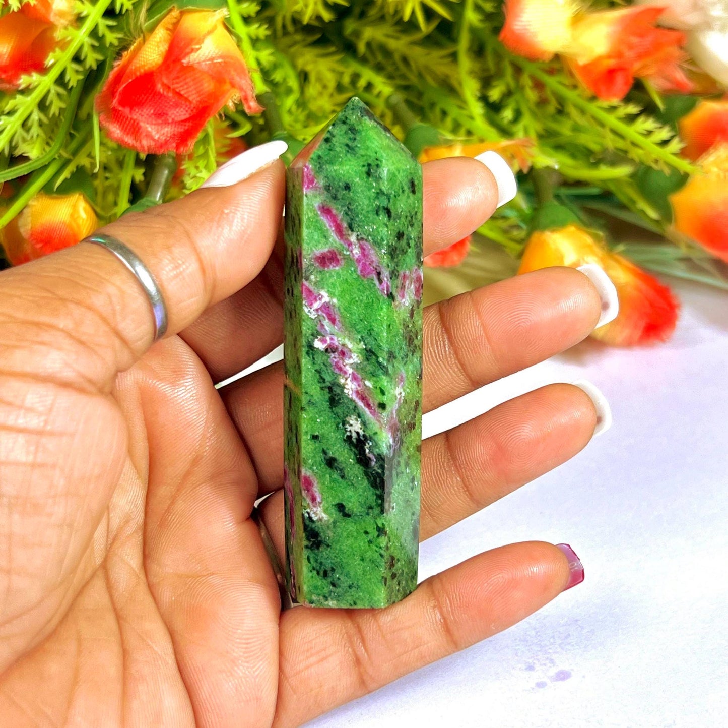African Ruby Zoisite Stone Tower Pencil Point Generator-Gemstone Pencil Crystal Tower Wand Stone Obelisk -Home Car Decor Decoration 3" To 4"