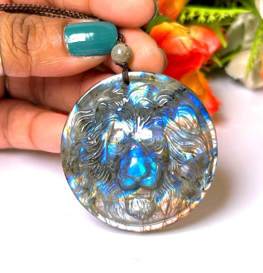 2.1" Labradorite Stone Lion Face Carving Pendant Necklace With Long Cord Home Decoration, Reiki healing Gift for All