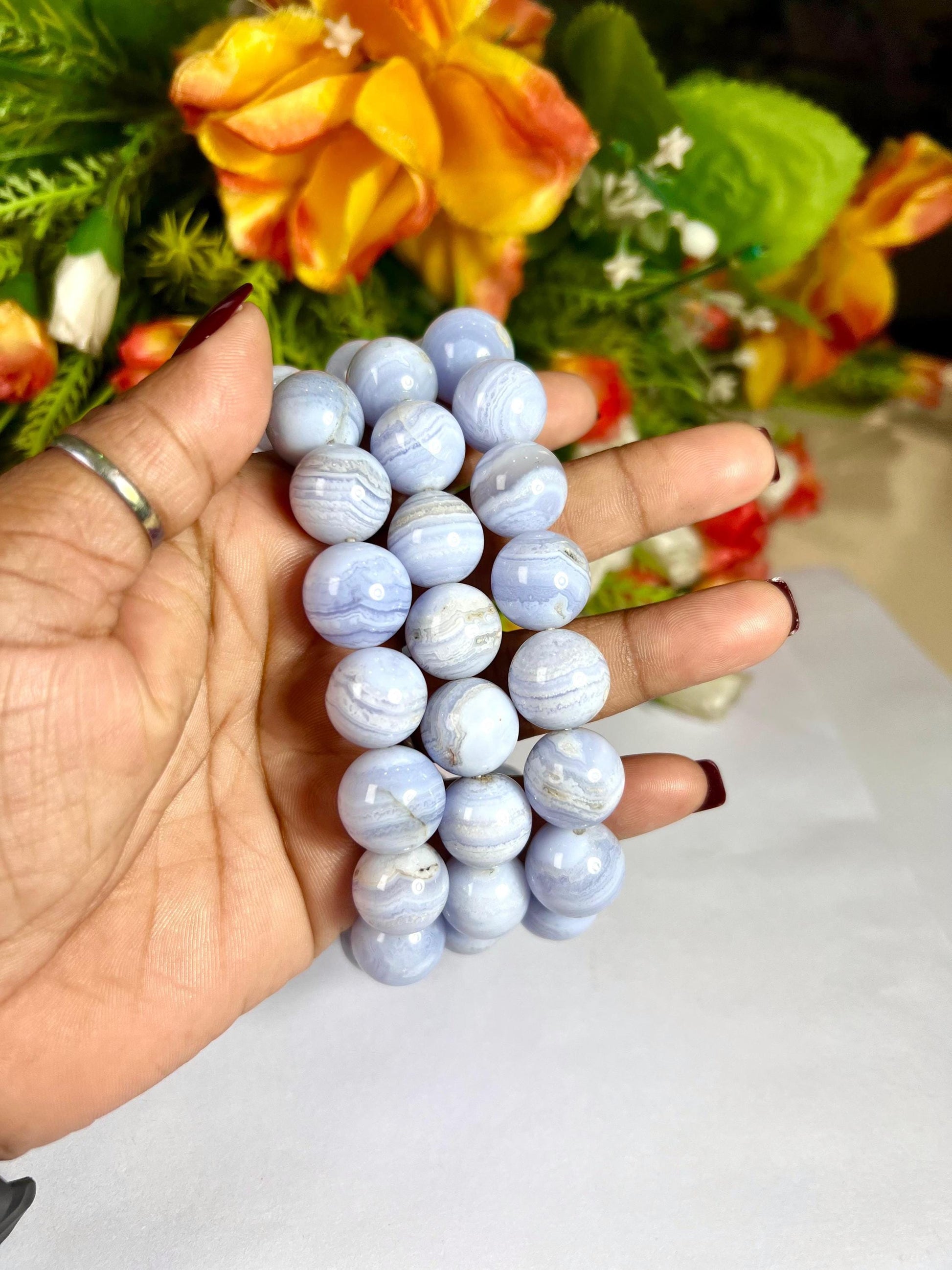 14 MM Blue Lace Agate Stone Bracelet l Stretchable Bracelet l Unisex Bracelet