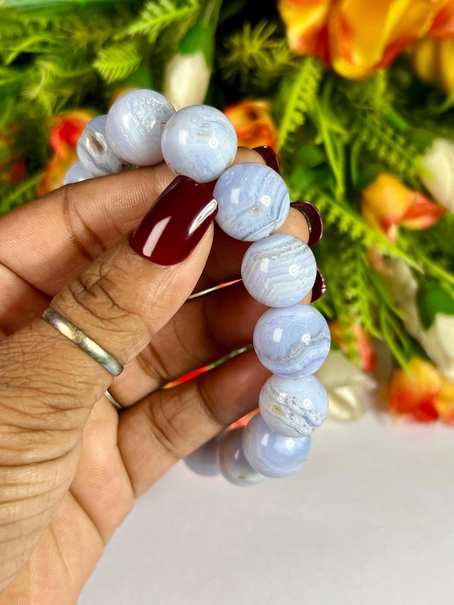 14 MM Blue Lace Agate Stone Bracelet l Stretchable Bracelet l Unisex Bracelet