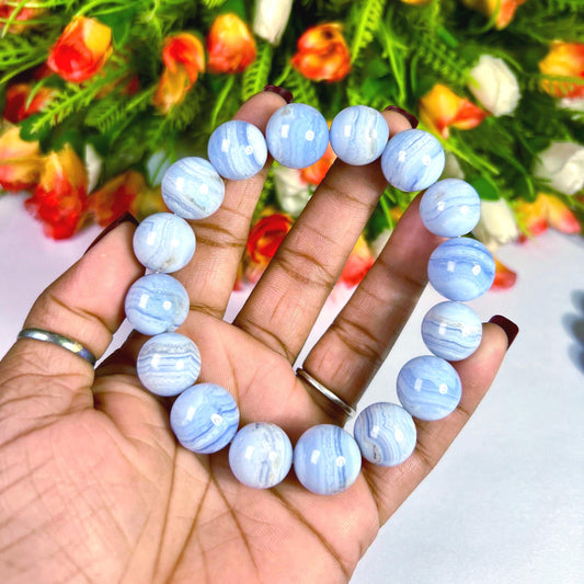 14 MM Blue Lace Agate Stone Bracelet l Stretchable Bracelet l Unisex Bracelet