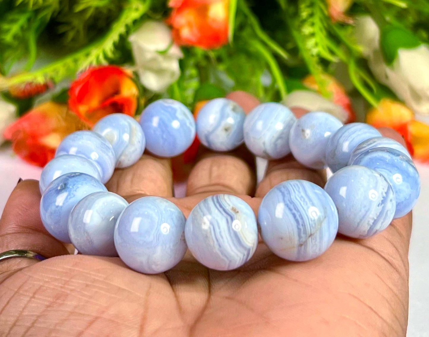 14 MM Blue Lace Agate Stone Bracelet l Stretchable Bracelet l Unisex Bracelet