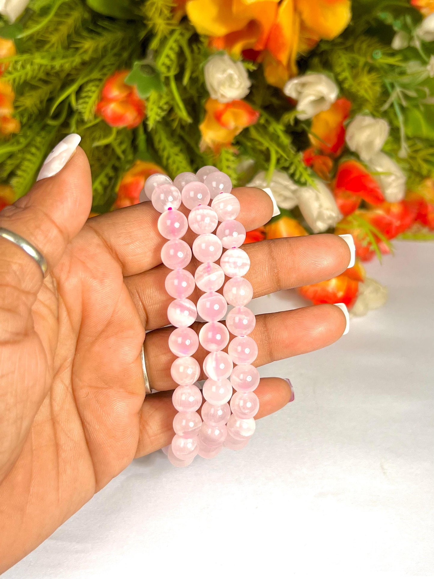 Pink Aragonite Stone Bracelet (U V Light) l Stretchable Bracelet l Unisex Bracelet l 8 MM Bracelet