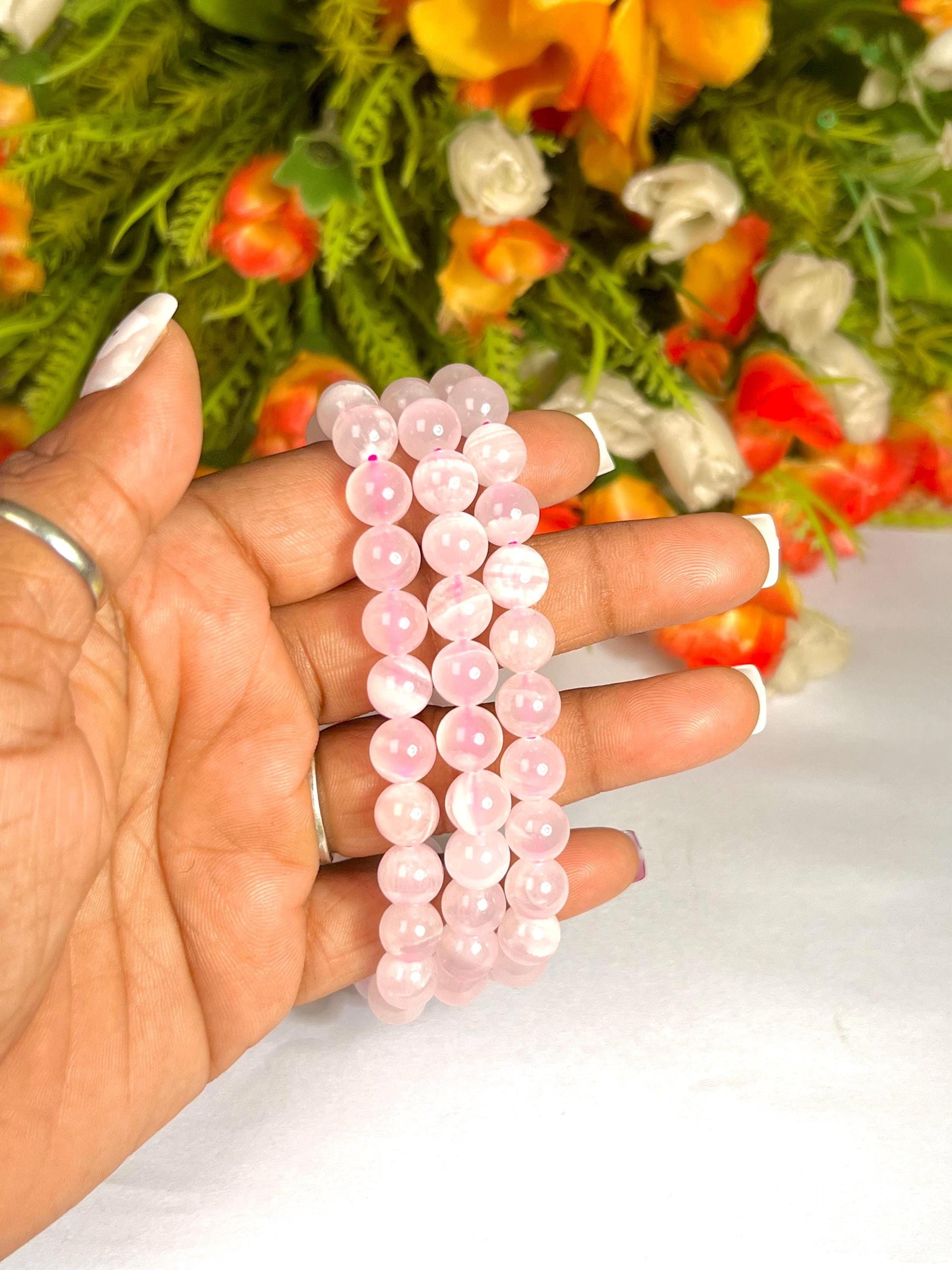 Pink Aragonite Stone Bracelet (U V Light) l Stretchable Bracelet l Unisex Bracelet l 8 MM Bracelet