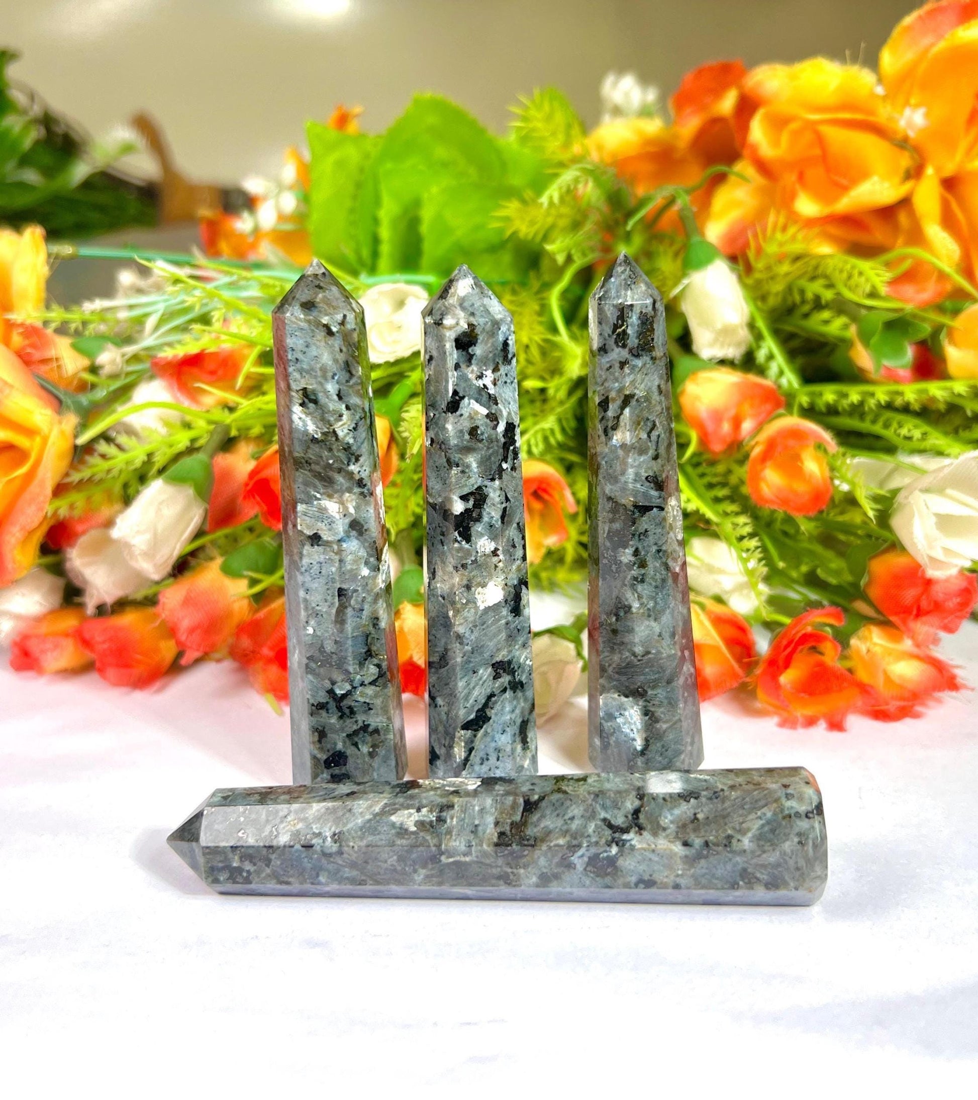 Larvikite Stone Tower Pencil Point Generator-Gemstone Pencil Crystal Tower Wand Stone Obelisk -Home Car Decor Decoration 3" To 4"