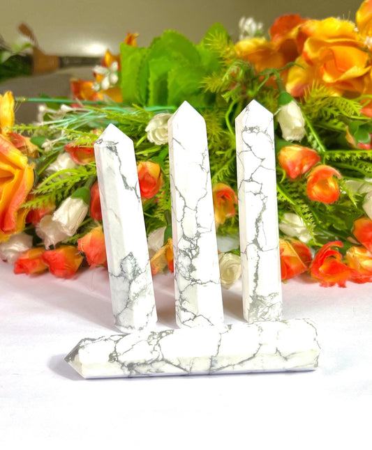 Howlite Stone Tower Pencil Point Generator-Gemstone Pencil Crystal Tower Wand Stone Obelisk -Home Car Decor Decoration 3" To 4"