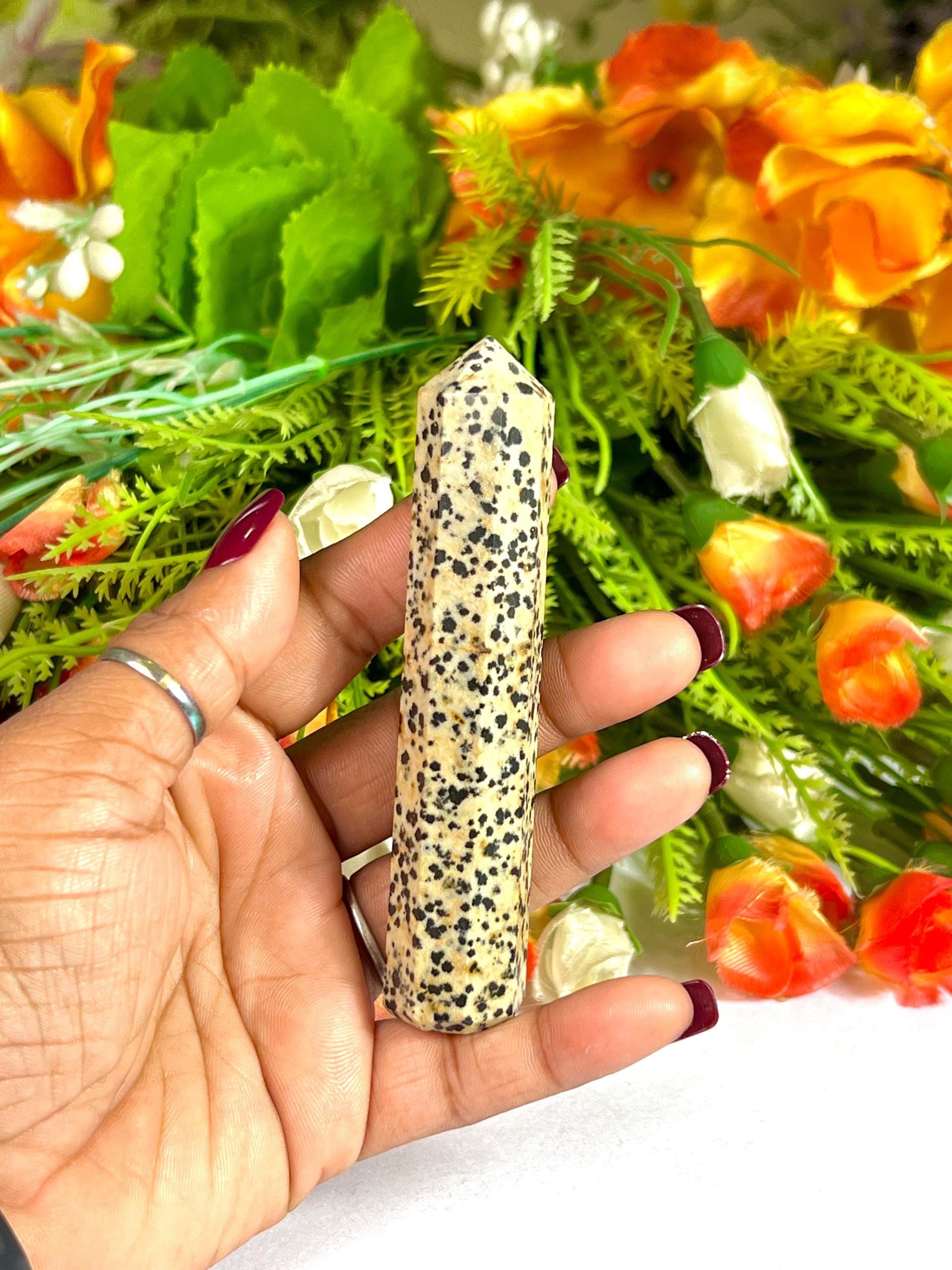 Dalmatian Jasper Stone Tower Pencil Point Generator-Gemstone Pencil Crystal Tower Wand Stone Obelisk -Home Car Decor Decoration 3" To 4"