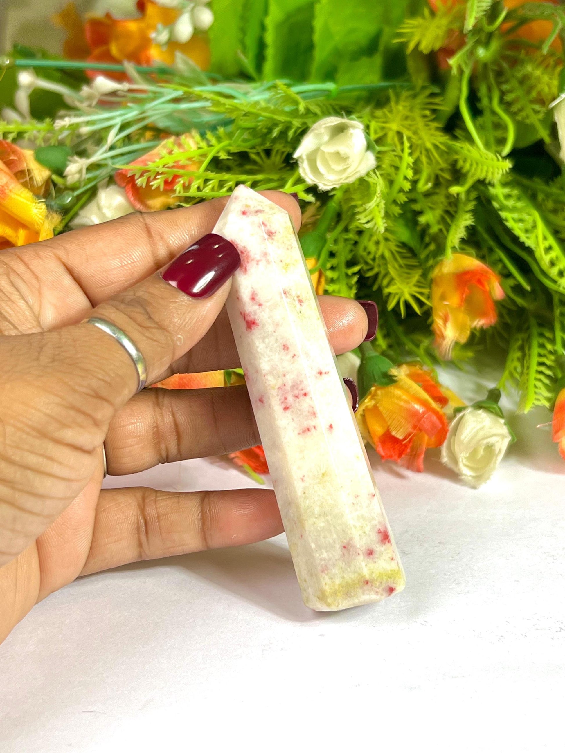 Cinnabar Stone Tower Pencil Point Generator-Gemstone Pencil Crystal Tower Wand Stone Obelisk -Home Car Decor Decoration 3" To 4"