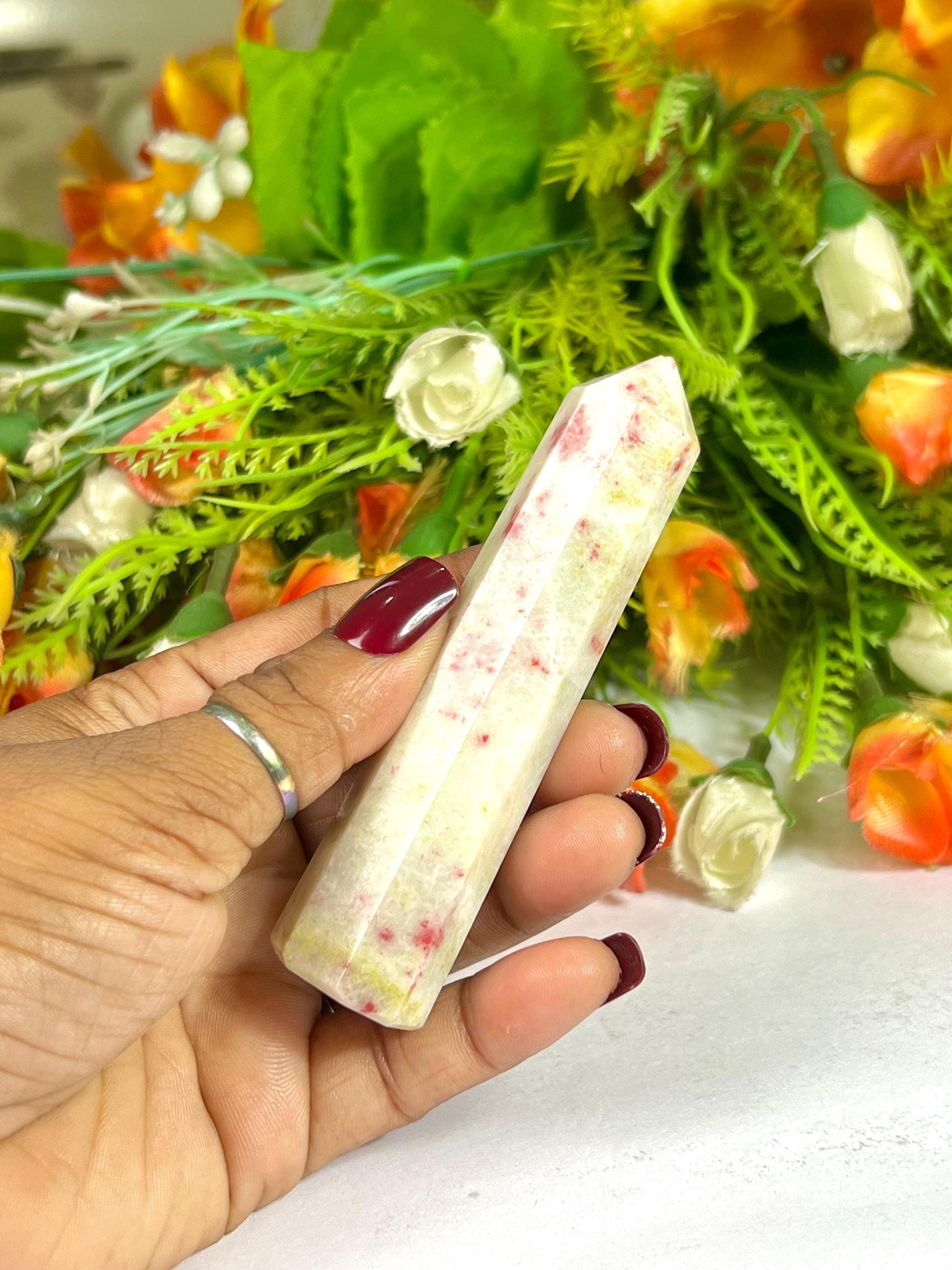 Cinnabar Stone Tower Pencil Point Generator-Gemstone Pencil Crystal Tower Wand Stone Obelisk -Home Car Decor Decoration 3" To 4"