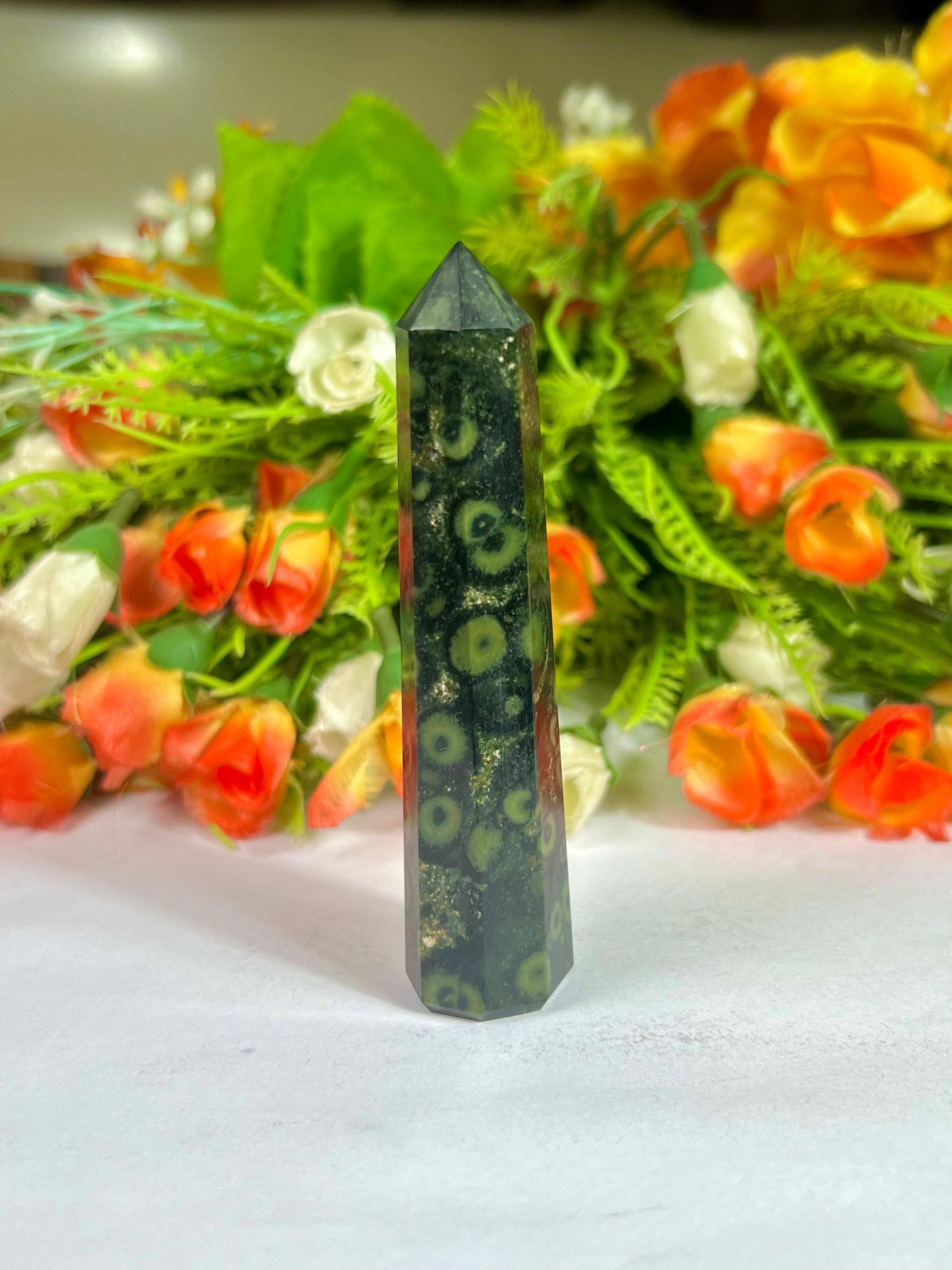 Kambaba Jasper Stone Tower Pencil Point Generator-Gemstone Pencil Crystal Tower Wand Stone Obelisk -Home Car Decor Decoration 3" To 4"