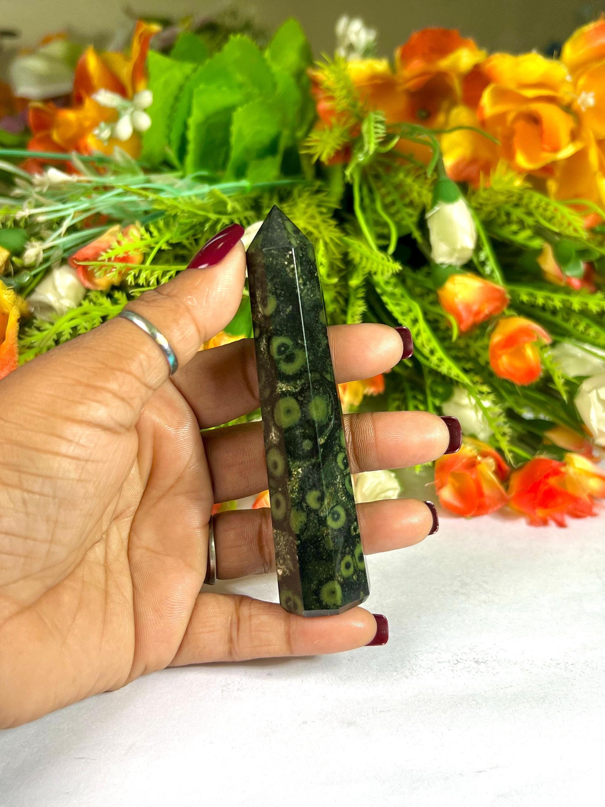 Kambaba Jasper Stone Tower Pencil Point Generator-Gemstone Pencil Crystal Tower Wand Stone Obelisk -Home Car Decor Decoration 3" To 4"