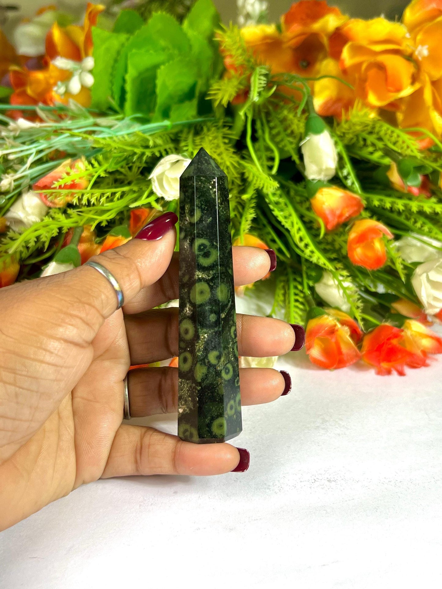 Kambaba Jasper Stone Tower Pencil Point Generator-Gemstone Pencil Crystal Tower Wand Stone Obelisk -Home Car Decor Decoration 3" To 4"