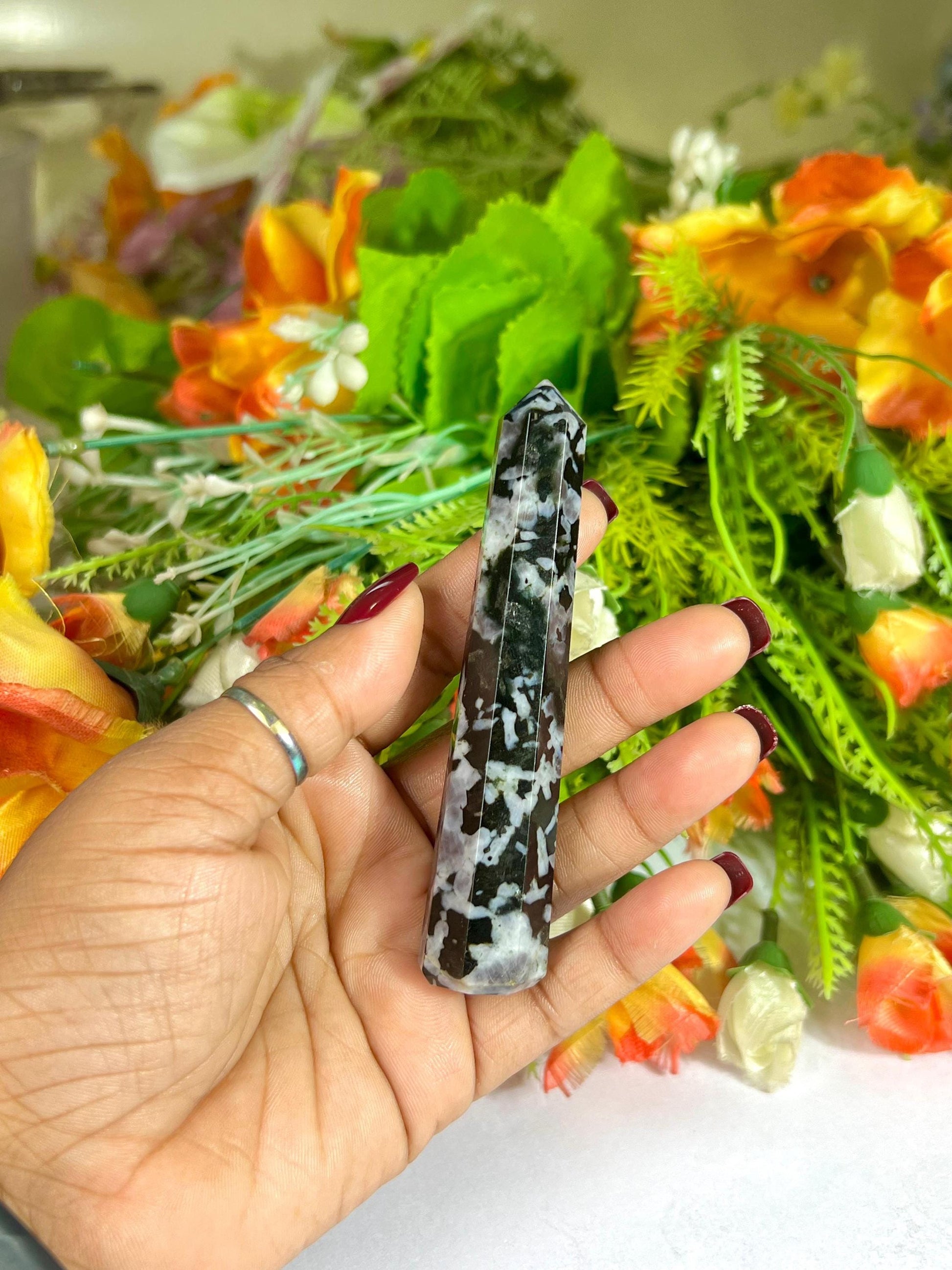 Indigo Gabbro/Merlinite Stone Tower Pencil Point Generator-Gemstone Pencil Crystal Tower Wand Stone Obelisk-Home Car Decor Decoration 3"To4"