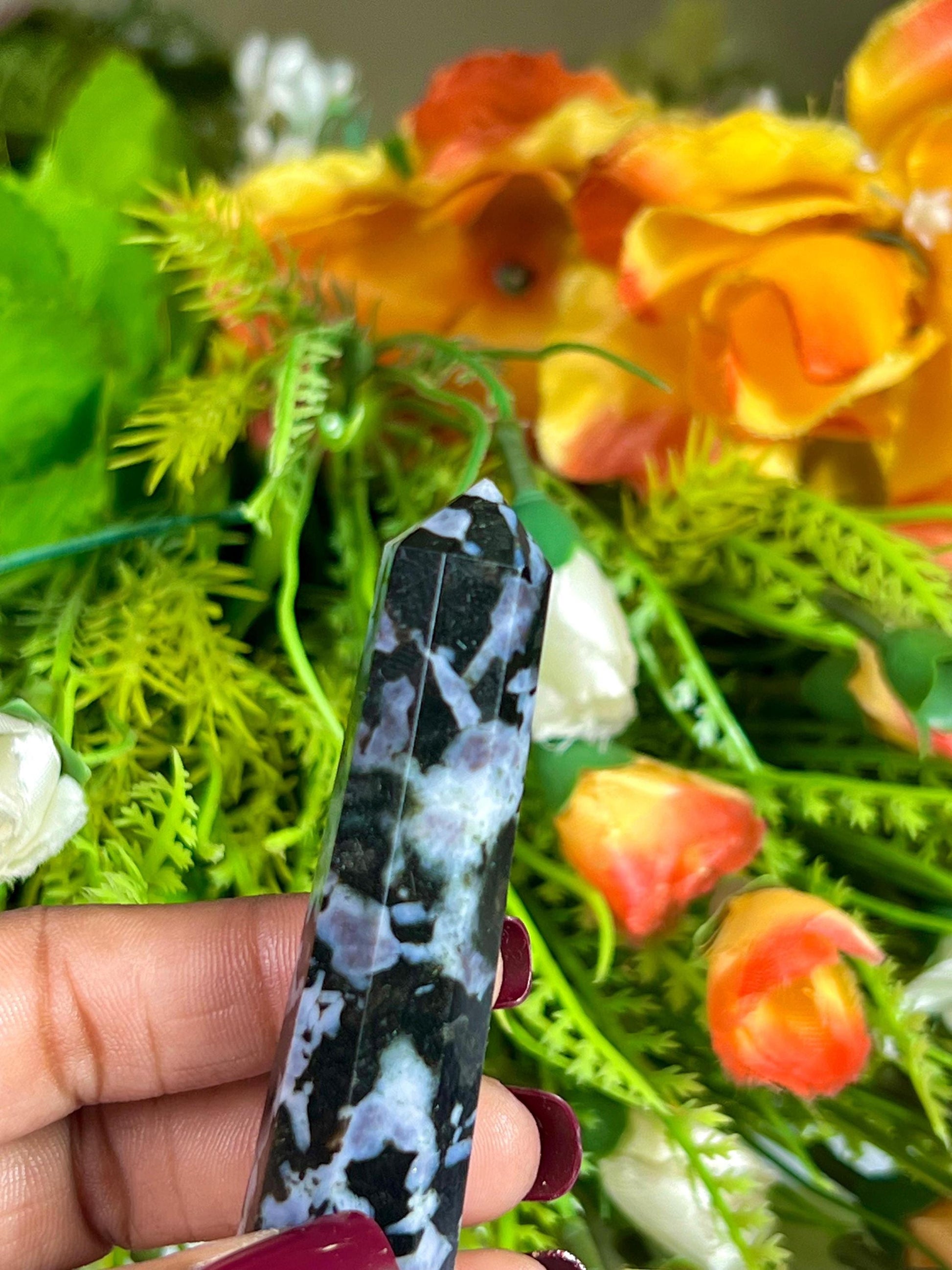 Indigo Gabbro/Merlinite Stone Tower Pencil Point Generator-Gemstone Pencil Crystal Tower Wand Stone Obelisk-Home Car Decor Decoration 3"To4"