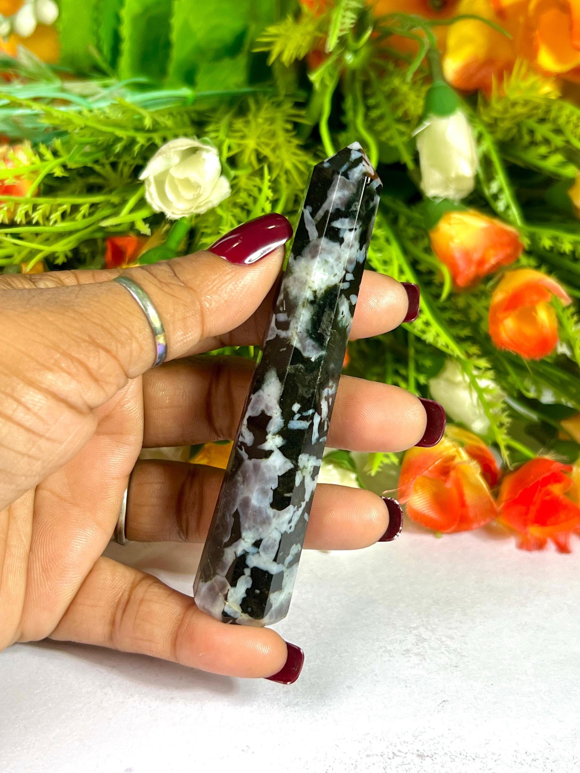 Indigo Gabbro/Merlinite Stone Tower Pencil Point Generator-Gemstone Pencil Crystal Tower Wand Stone Obelisk-Home Car Decor Decoration 3"To4"