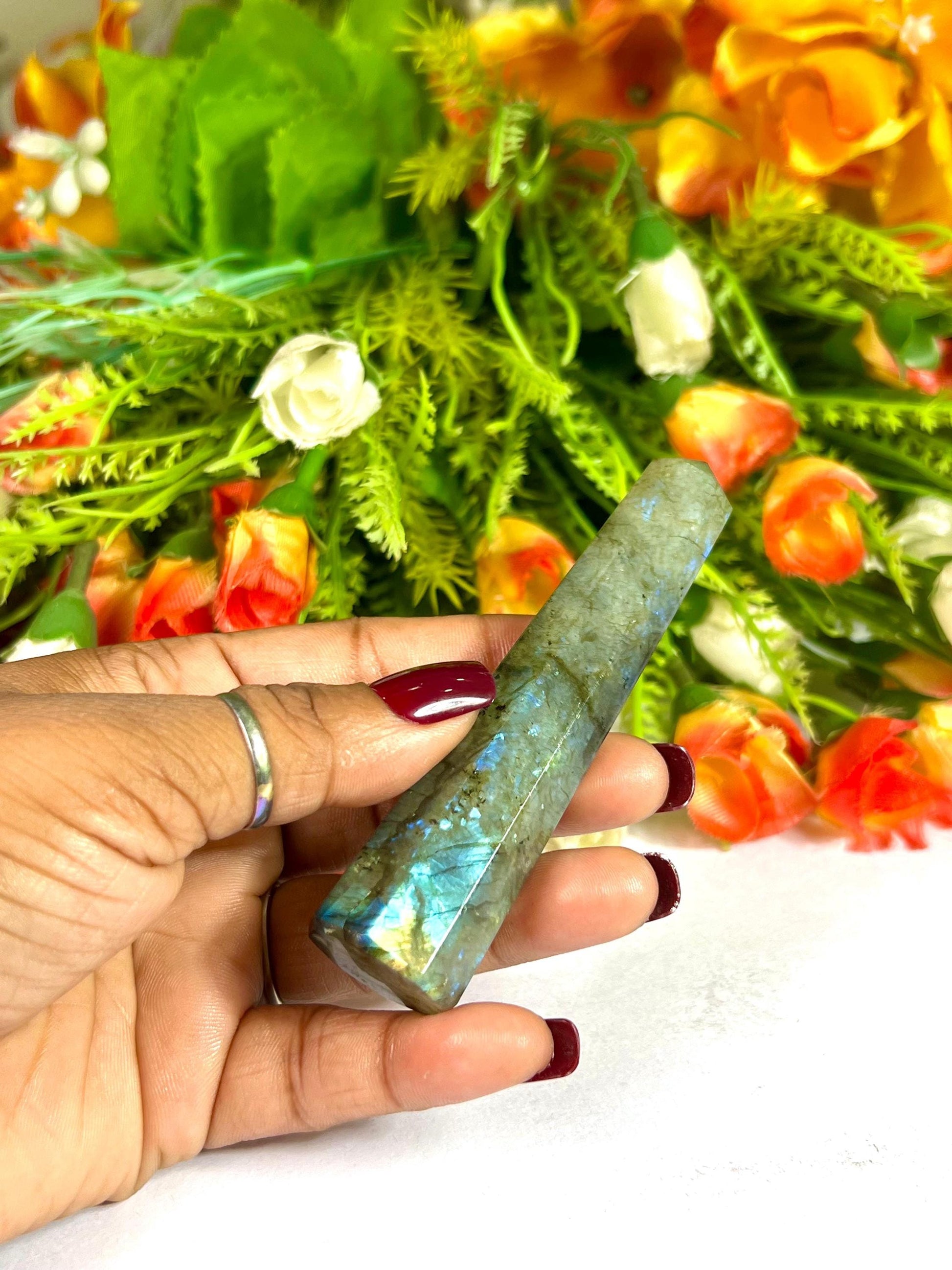 Labradorite Stone Tower Pencil Point Generator-Gemstone Pencil Crystal Tower Wand Stone Obelisk -Home Car Decor Decoration 3" To 4"