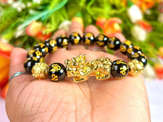 Feng Shui Pixiu Bead with Black Obsidian Om Mani Padme Hum Stone Bracelet 8mm Wealth Bracelet, Protection Healing Bracelet Gift for Unisex