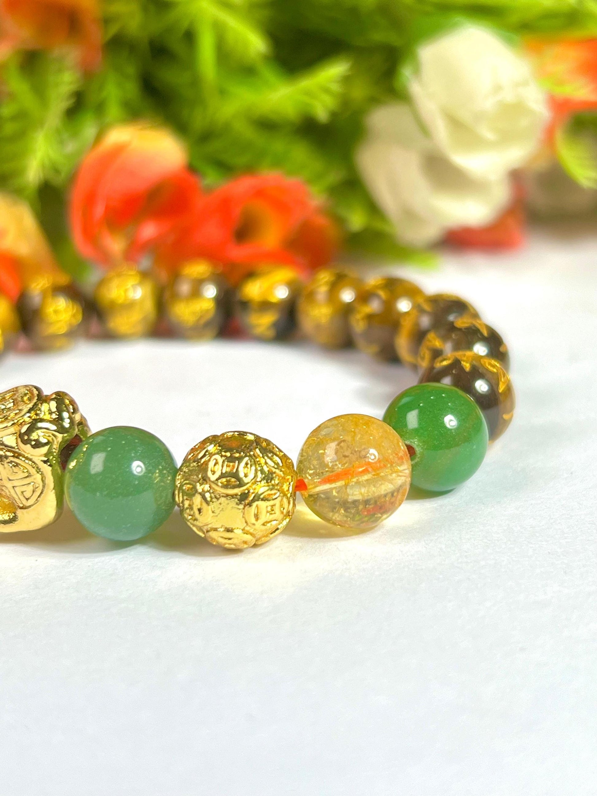 Feng Shui Pixiu Bead with Tiger Eye Om Mani Padme Hum With Citrine & Green Aventurine Stone Wealth Bracelet