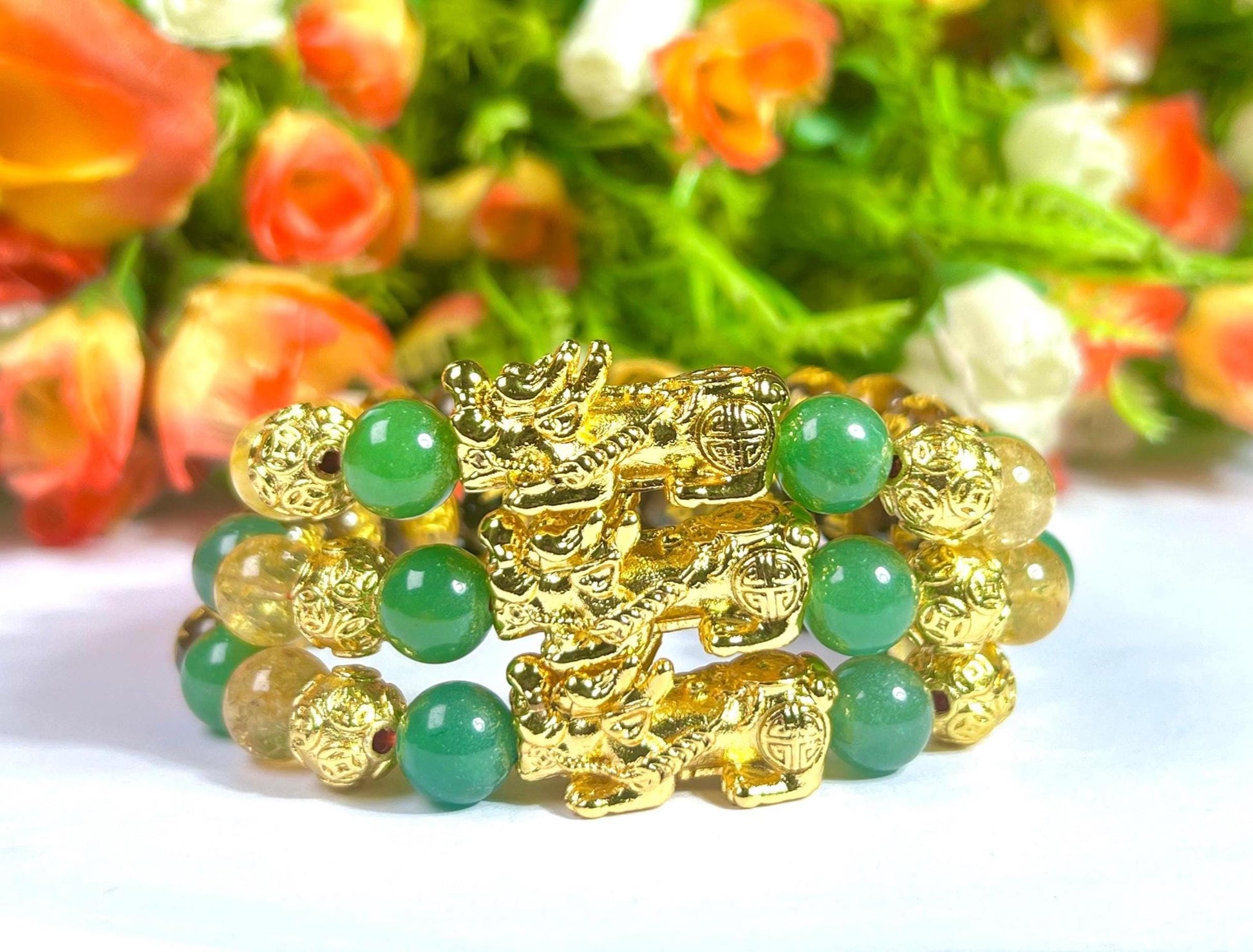 Feng Shui Pixiu Bead with Tiger Eye Om Mani Padme Hum With Citrine & Green Aventurine Stone Wealth Bracelet