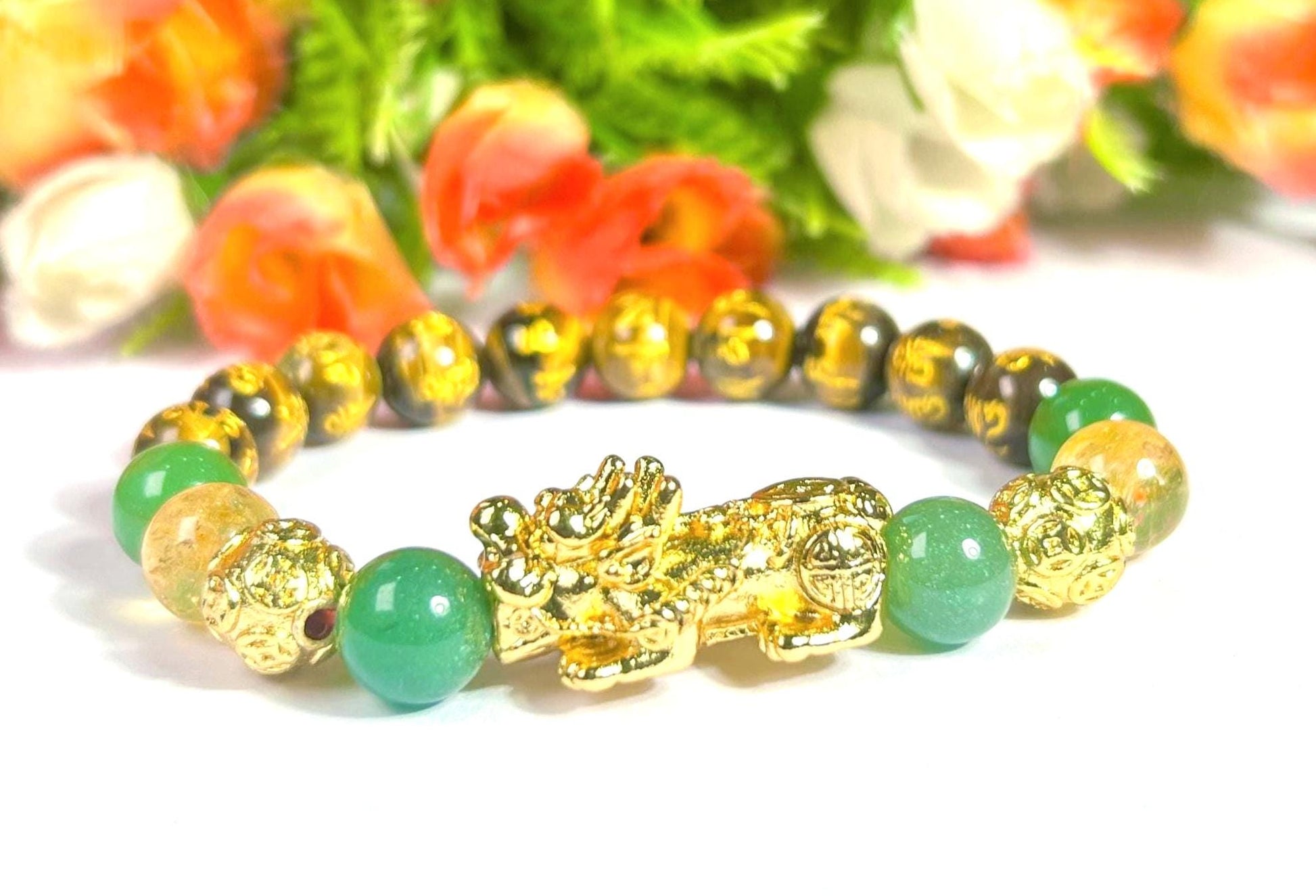 Feng Shui Pixiu Bead with Tiger Eye Om Mani Padme Hum With Citrine & Green Aventurine Stone Wealth Bracelet