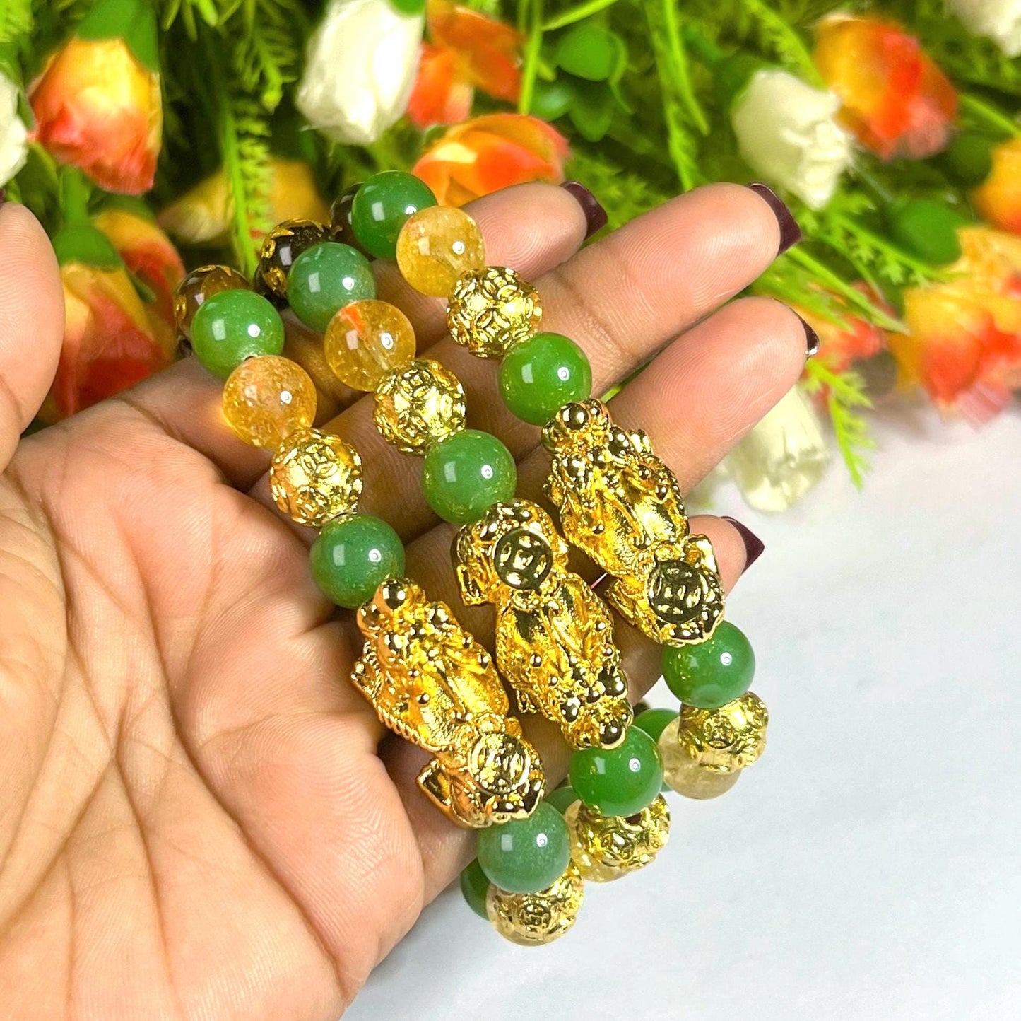 Feng Shui Pixiu Bead with Tiger Eye Om Mani Padme Hum With Citrine & Green Aventurine Stone Wealth Bracelet