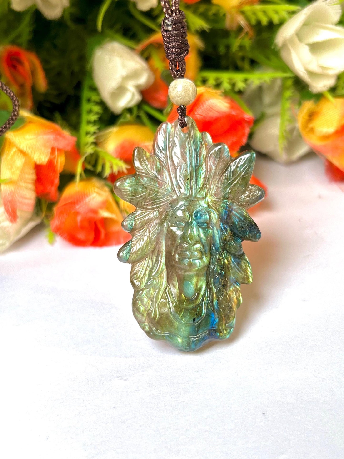 2.1" Ancient Spirit of the Aurora Labradorite Stone Carving Pendant Necklace With Long Cord Home Decoration, Reiki healing Gift for All