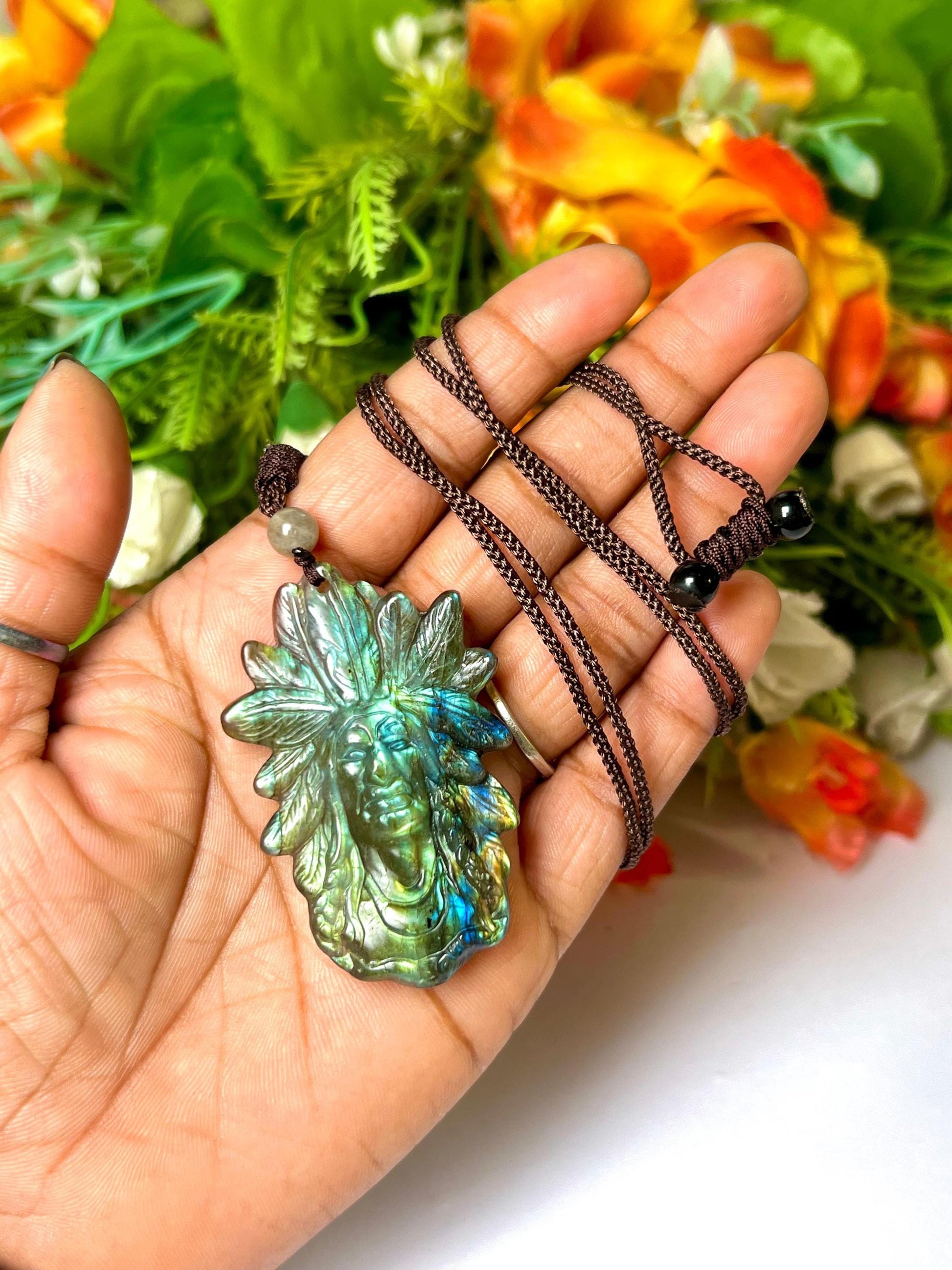2.1" Ancient Spirit of the Aurora Labradorite Stone Carving Pendant Necklace With Long Cord Home Decoration, Reiki healing Gift for All