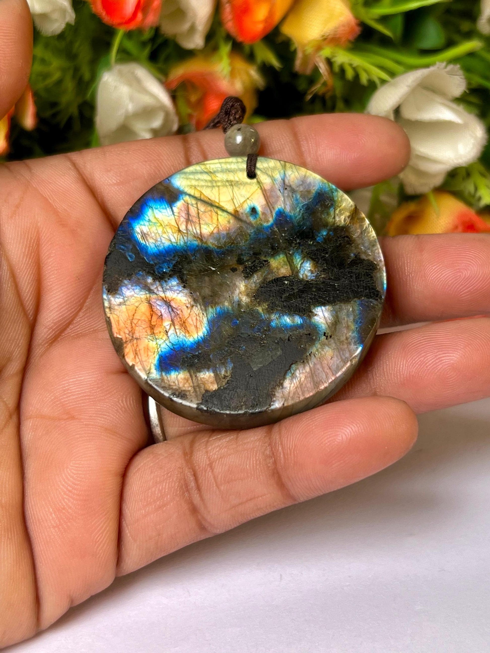 2.1" Labradorite Stone Lion Face Carving Pendant Necklace With Long Cord Home Decoration, Reiki healing Gift for All